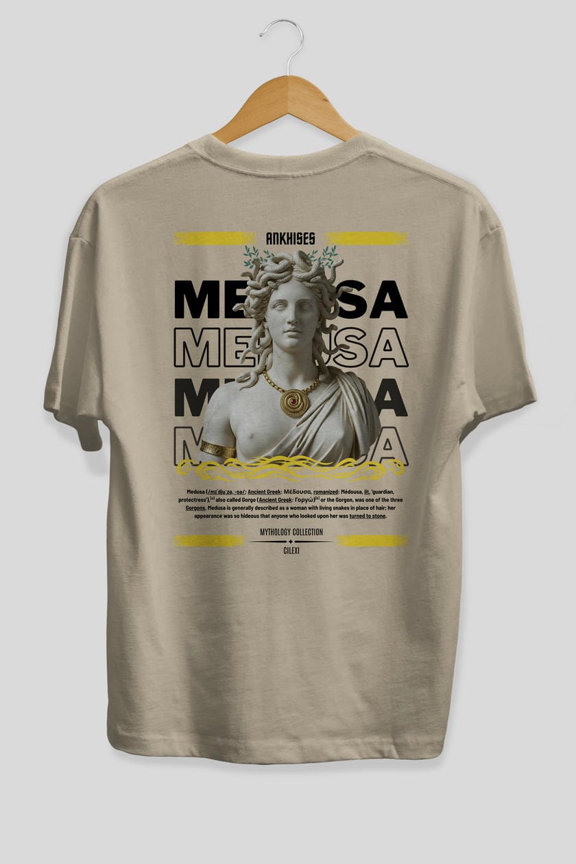 Medusa 3 Arka Baskılı Oversize t-shirt Erkek Kadın %100 Pamuk Bisiklet Yaka tişort