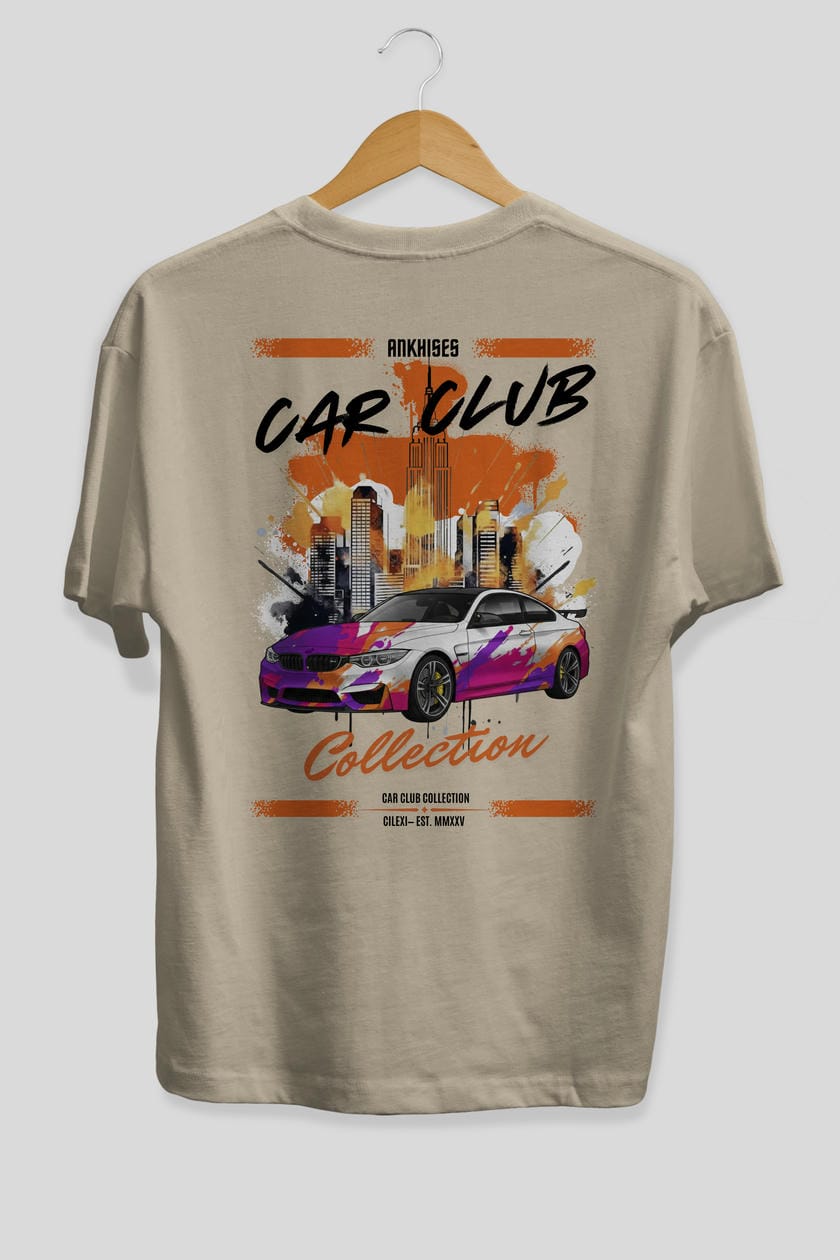 Araba Club Serisi 16 Baskılı Oversize t-shirt Erkek Kadın %100 Pamuk Bisiklet Yaka tişort