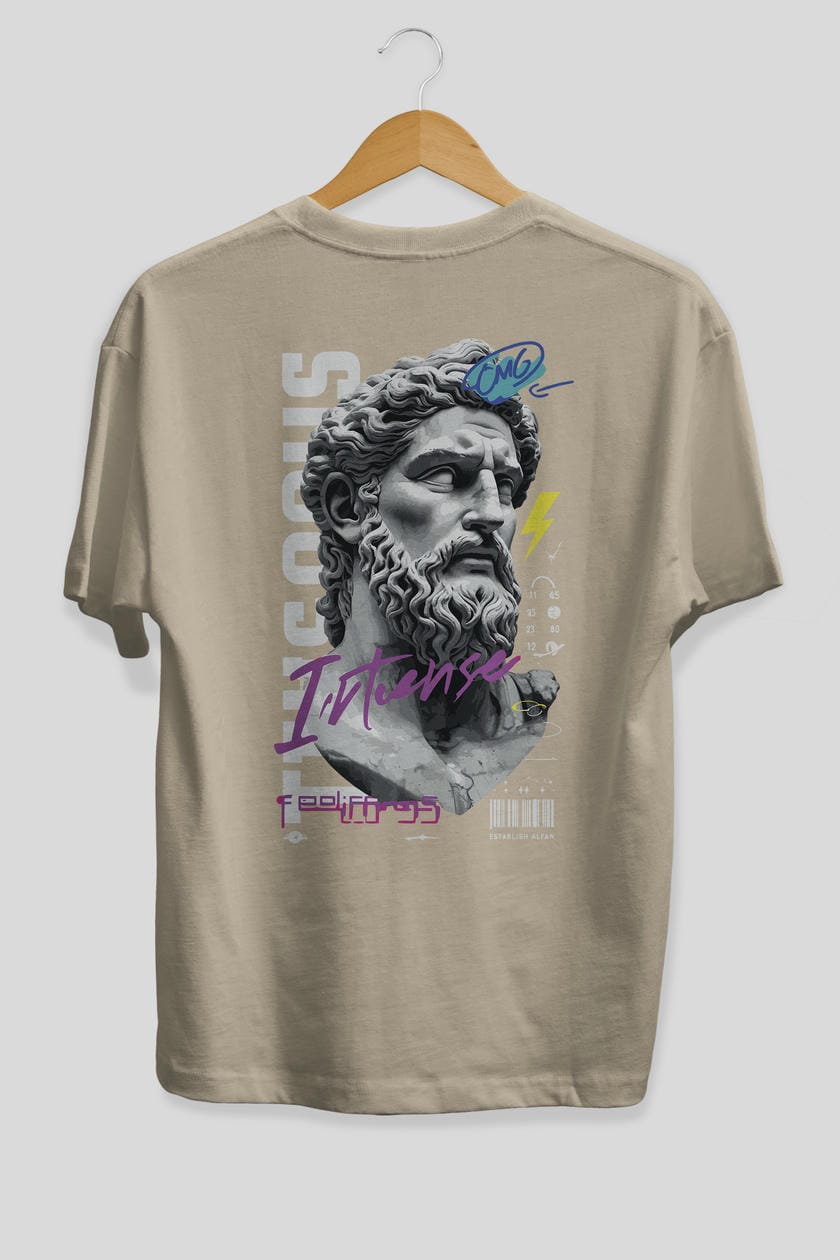 Zeus Intense Arka Baskılı Oversize t-shirt Erkek Kadın %100 Pamuk Bisiklet Yaka tişort