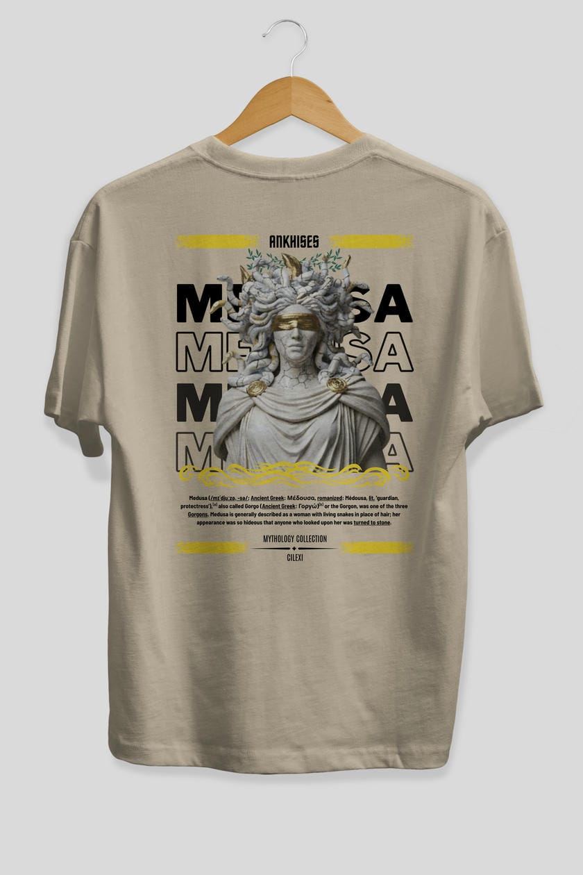 Medusa 2 Arka Baskılı Oversize t-shirt Erkek Kadın %100 Pamuk Bisiklet Yaka tişort