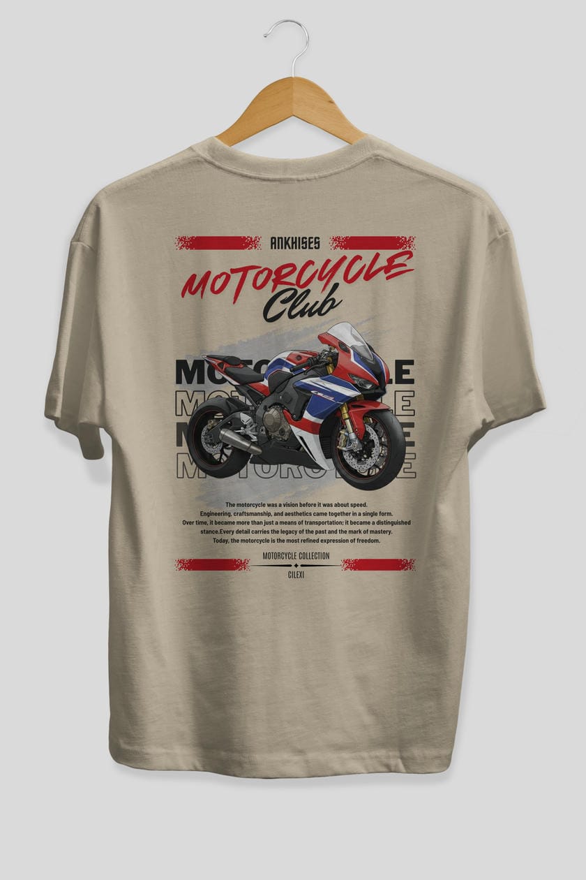 Motosiklet Serisi 3 Arka Baskılı Oversize t-shirt Erkek Kadın %100 Pamuk Bisiklet Yaka tişort