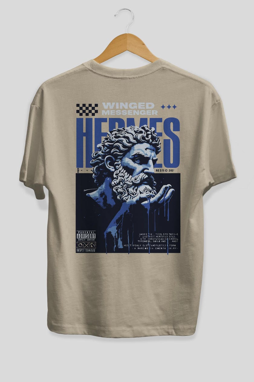 Hermes 2 Arka Baskılı Oversize t-shirt Erkek Kadın %100 Pamuk Bisiklet Yaka tişort