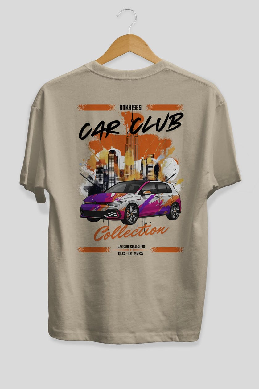 Araba Club Serisi 8 Baskılı Oversize t-shirt Erkek Kadın %100 Pamuk Bisiklet Yaka tişort