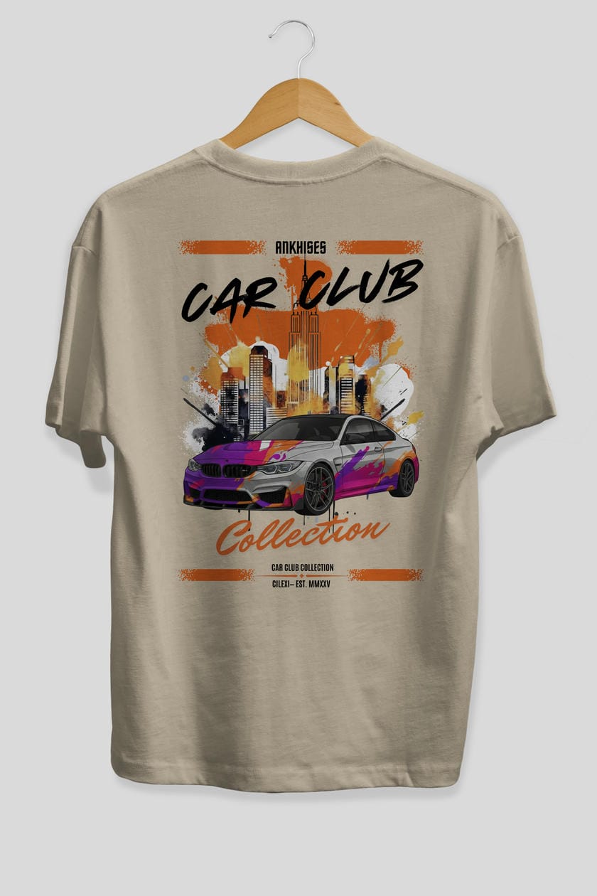 Araba Club Serisi 14 Baskılı Oversize t-shirt Erkek Kadın %100 Pamuk Bisiklet Yaka tişort