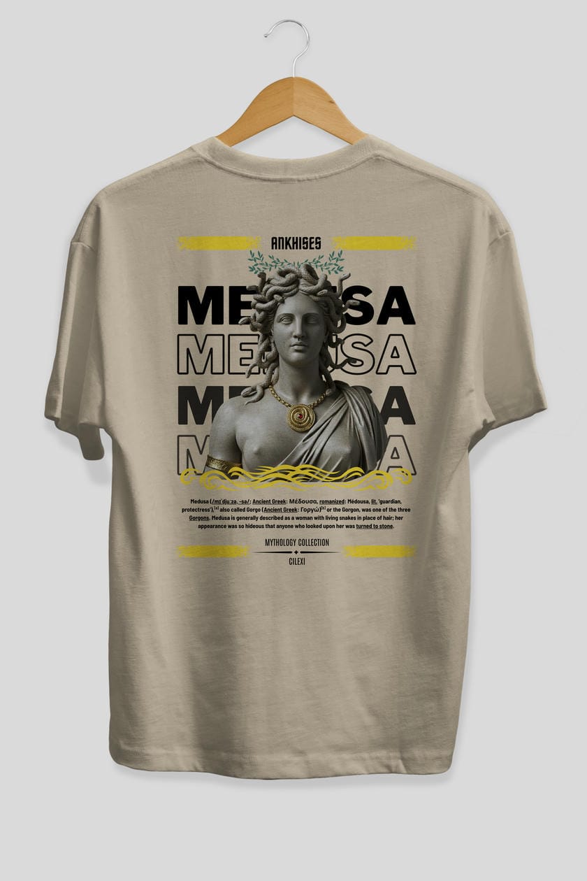 Medusa 4 Arka Baskılı Oversize t-shirt Erkek Kadın %100 Pamuk Bisiklet Yaka tişort