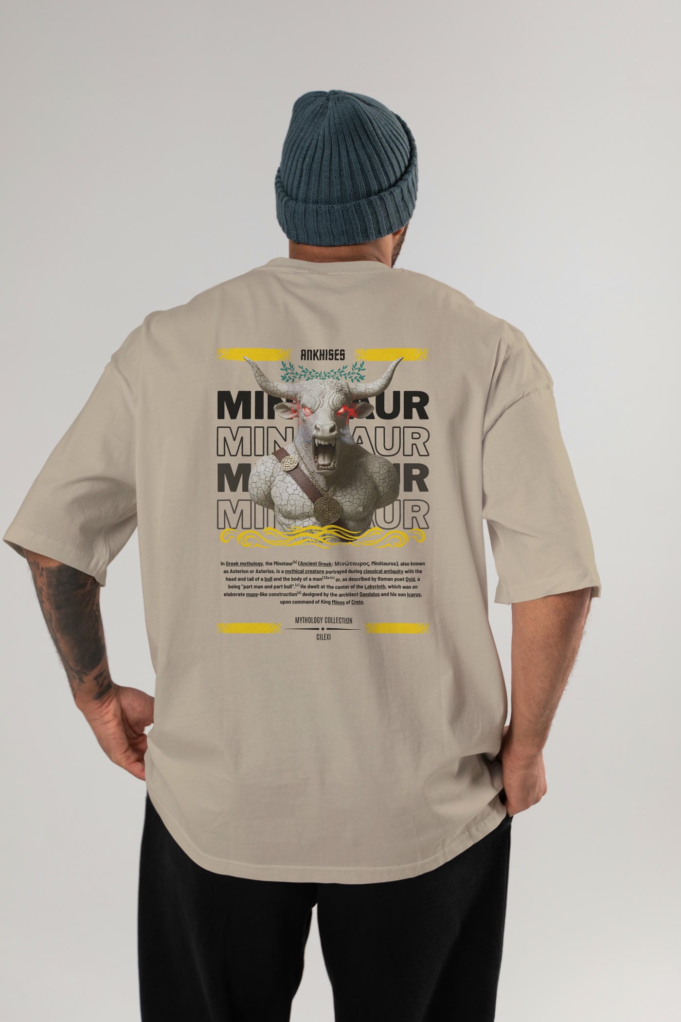 Minotaur 2 Arka Baskılı Oversize t-shirt Erkek Kadın %100 Pamuk Bisiklet Yaka tişort