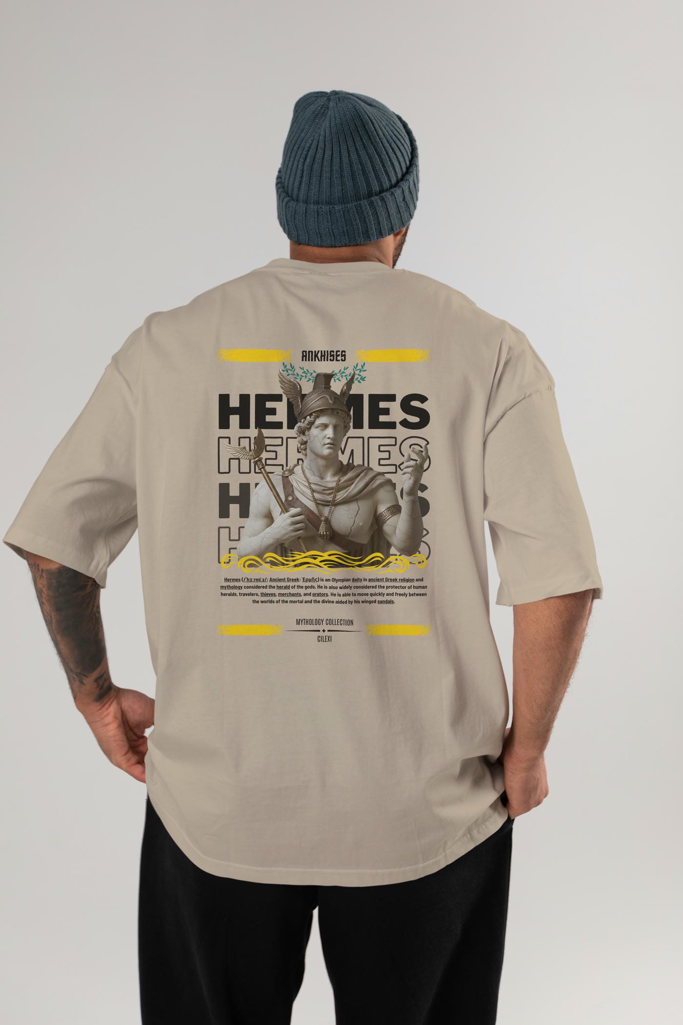 Hermes 1 Arka Baskılı Oversize t-shirt Erkek Kadın %100 Pamuk Bisiklet Yaka tişort