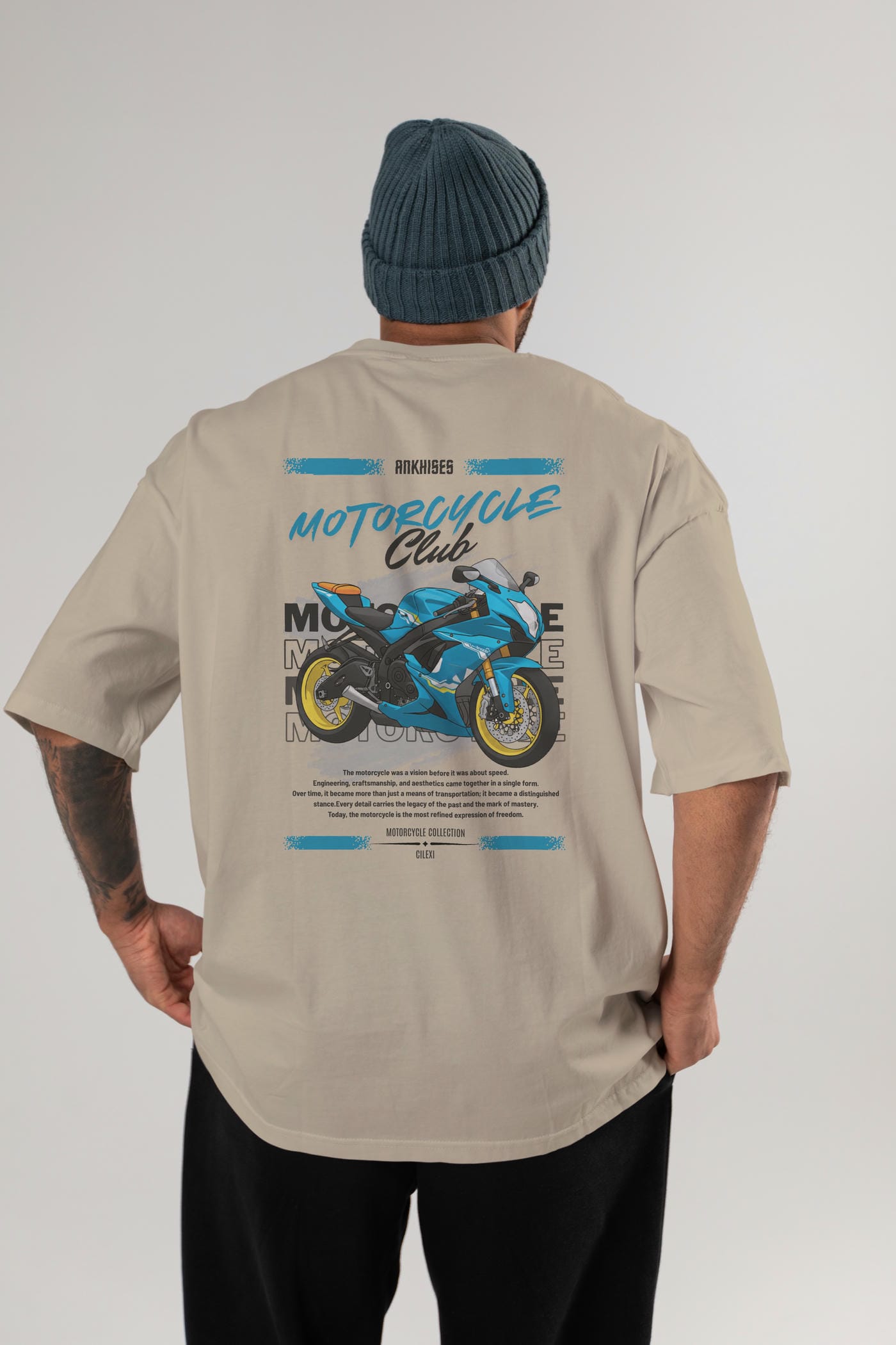 Motosiklet Serisi 11 Arka Baskılı Oversize t-shirt Erkek Kadın %100 Pamuk Bisiklet Yaka tişort