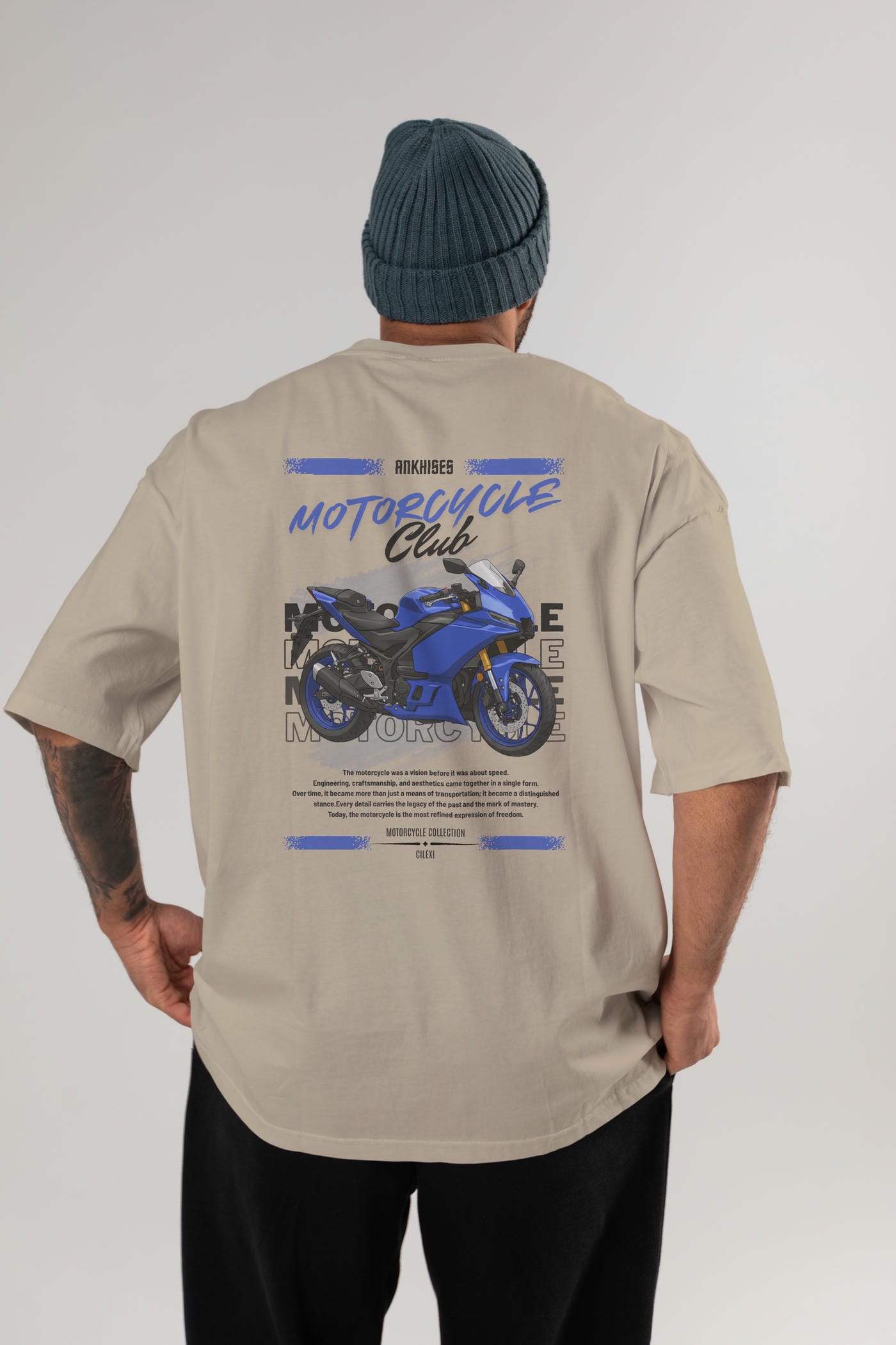 Motosiklet Serisi 33 Arka Baskılı Oversize t-shirt Erkek Kadın %100 Pamuk Bisiklet Yaka tişort