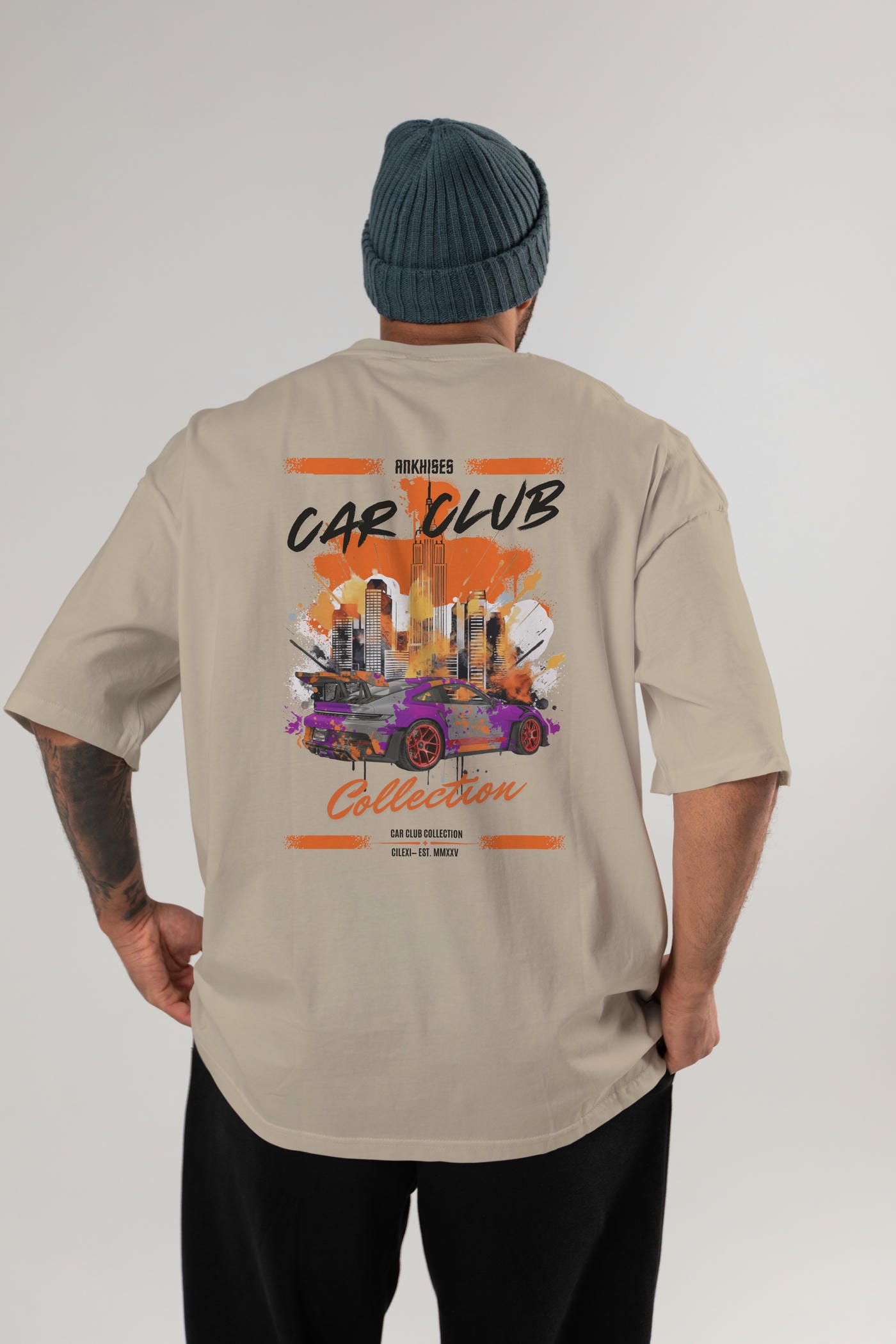 Araba Club Serisi 5 Baskılı Oversize t-shirt Erkek Kadın %100 Pamuk Bisiklet Yaka tişort