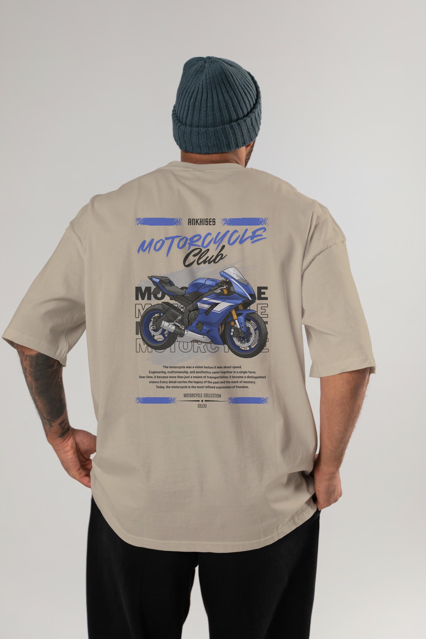 Motosiklet Serisi 32 Arka Baskılı Oversize t-shirt Erkek Kadın %100 Pamuk Bisiklet Yaka tişort
