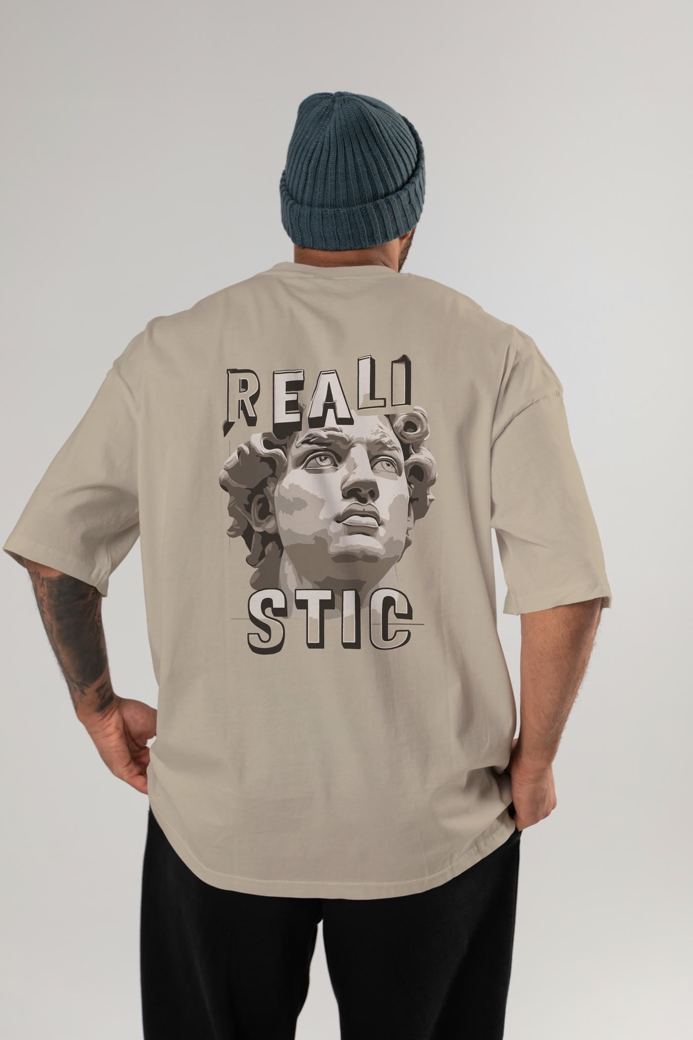 Realistic Arka Baskılı Oversize t-shirt Erkek Kadın %100 Pamuk Bisiklet Yaka tişort