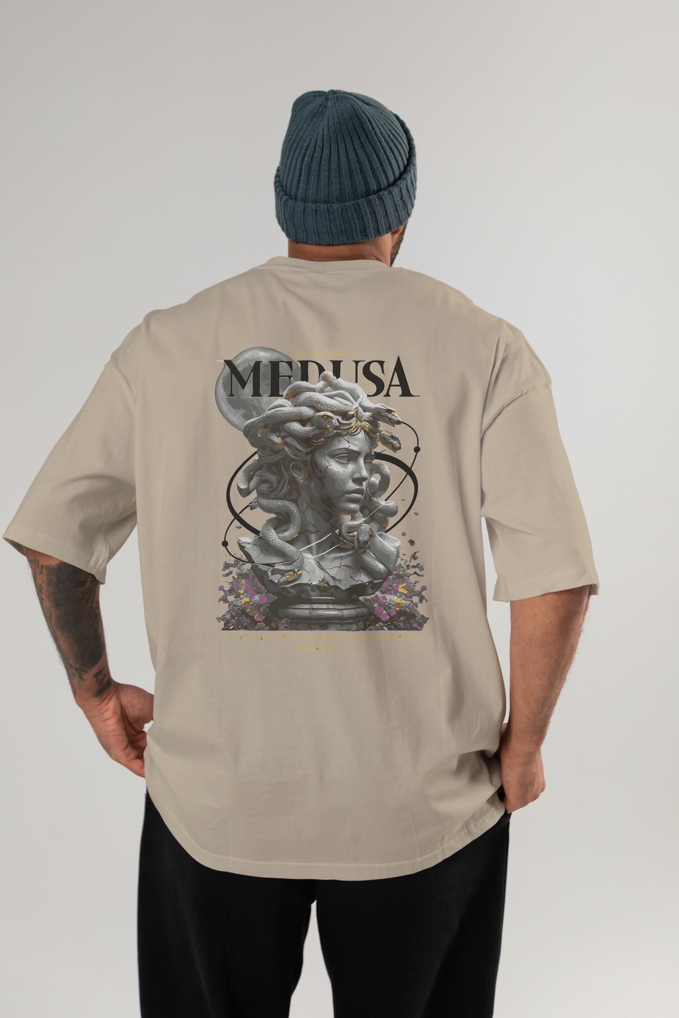 Medusa Arka Baskılı Oversize t-shirt Erkek Kadın %100 Pamuk Bisiklet Yaka tişort