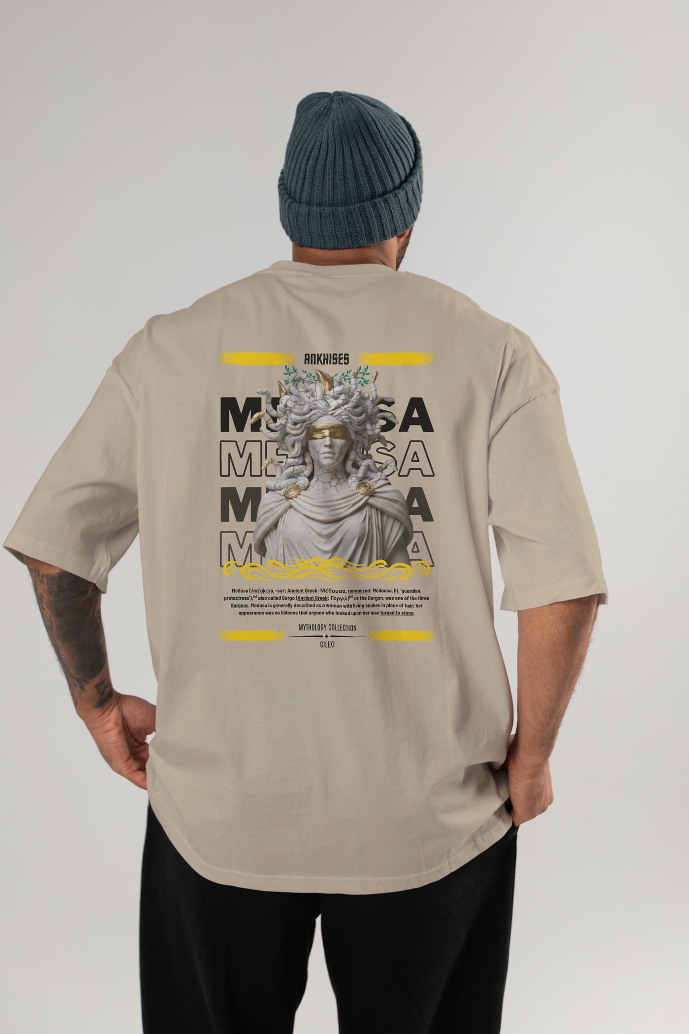 Medusa 2 Arka Baskılı Oversize t-shirt Erkek Kadın %100 Pamuk Bisiklet Yaka tişort