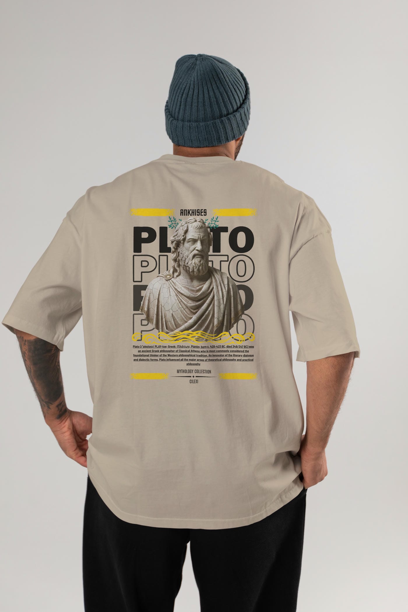 Plato 2 Arka Baskılı Oversize t-shirt Erkek Kadın %100 Pamuk Bisiklet Yaka tişort