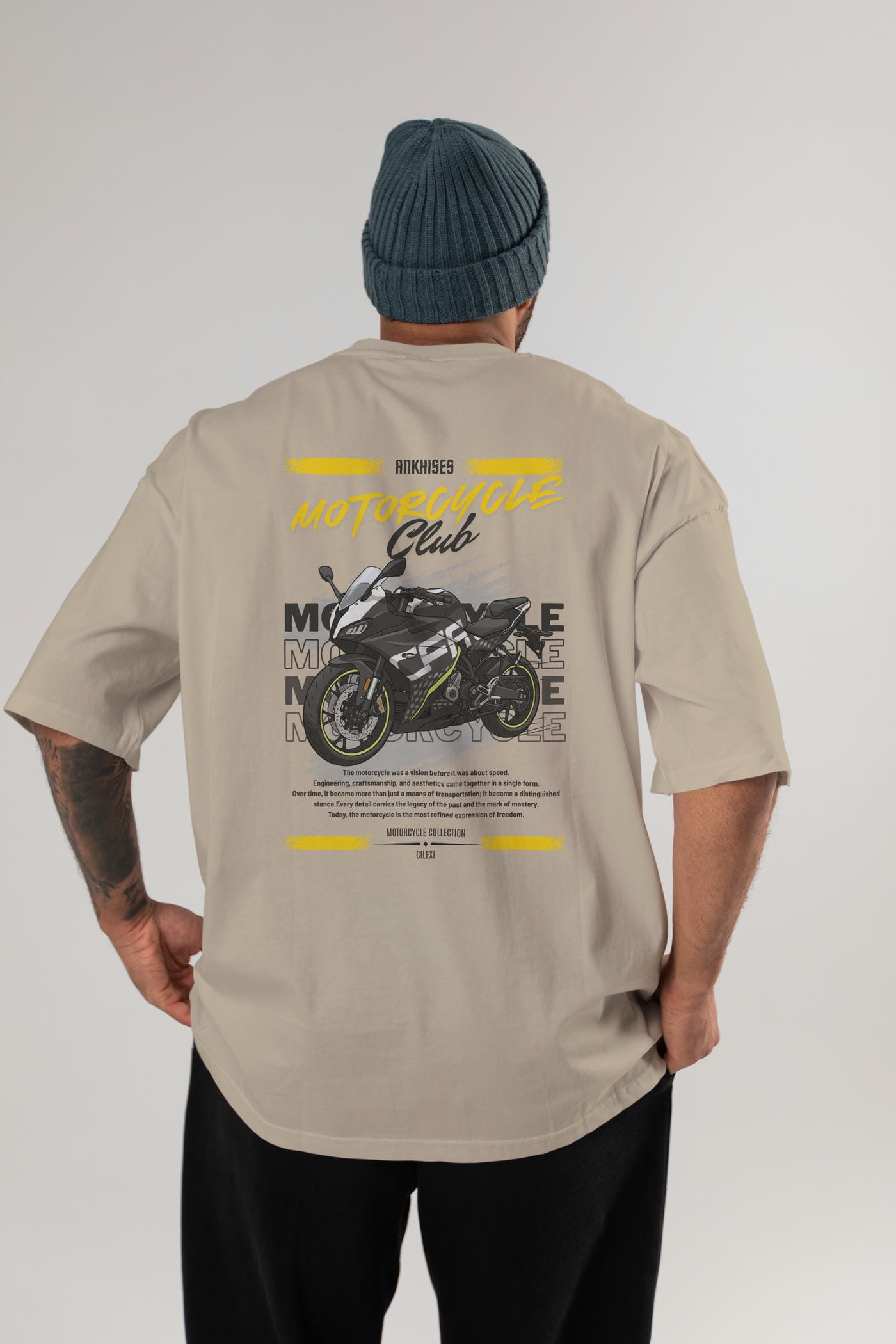 Motosiklet Serisi 16 Arka Baskılı Oversize t-shirt Erkek Kadın %100 Pamuk Bisiklet Yaka tişort