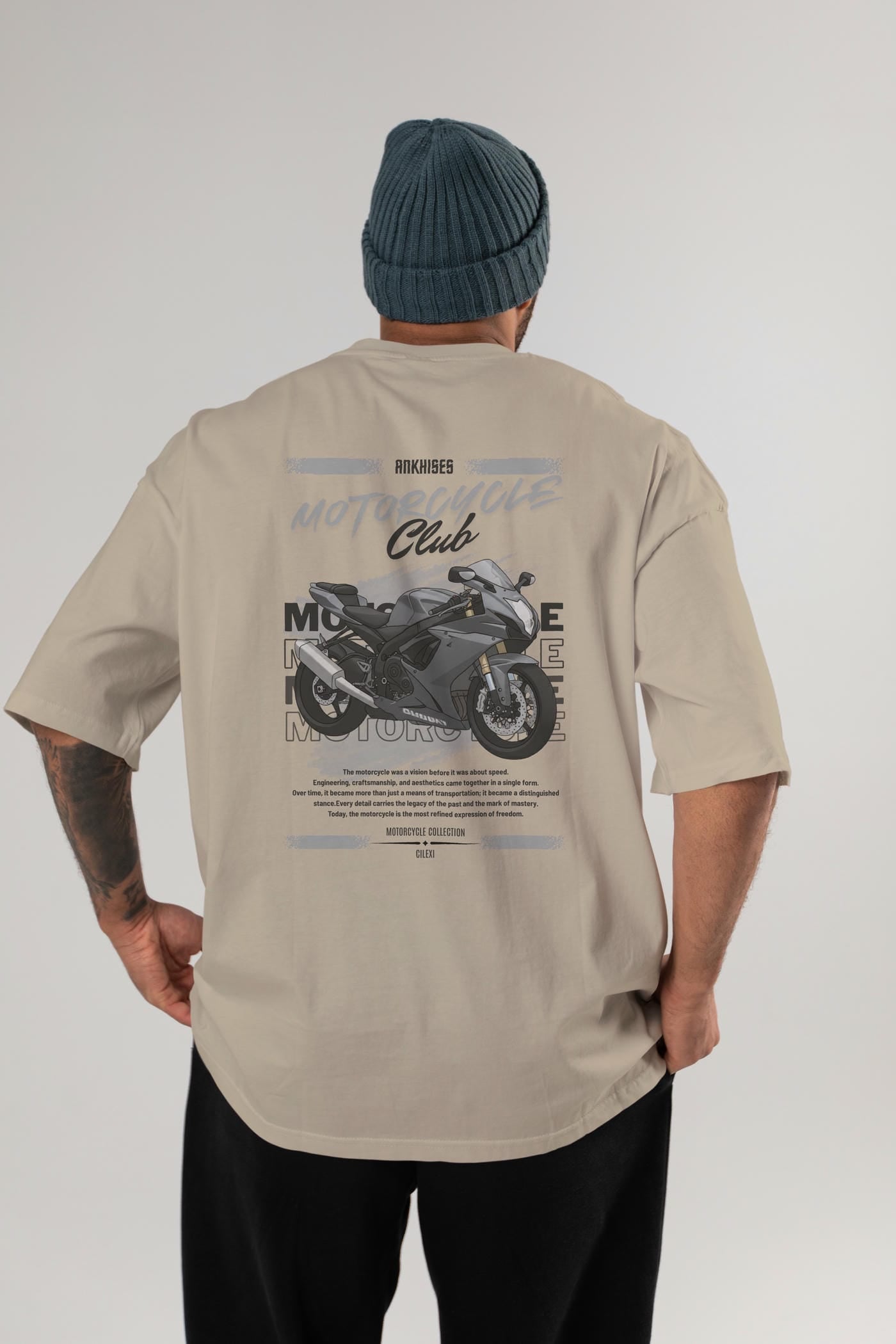 Motosiklet Serisi 10 Arka Baskılı Oversize t-shirt Erkek Kadın %100 Pamuk Bisiklet Yaka tişort