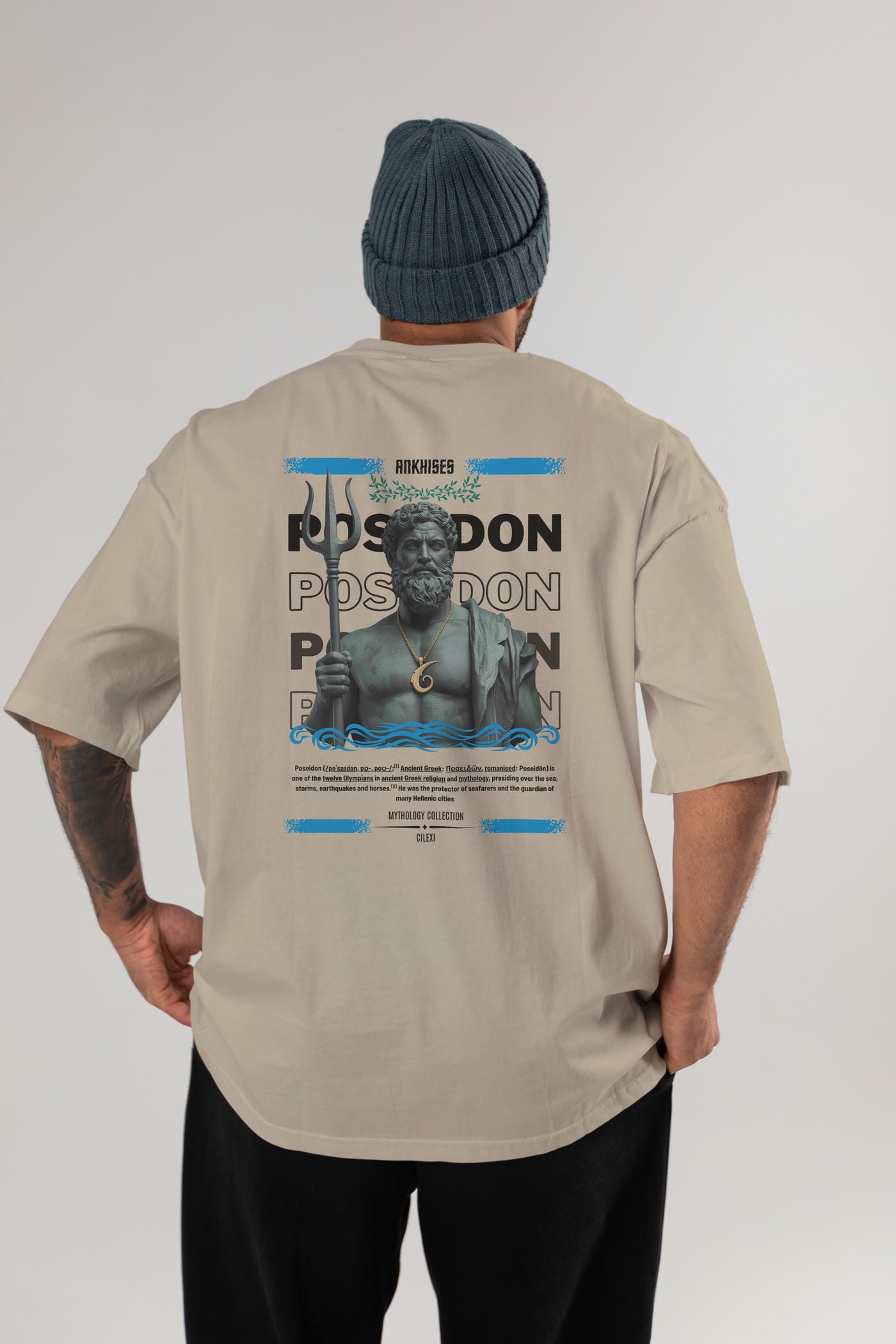 Poseidon 1 Arka Baskılı Oversize t-shirt Erkek Kadın %100 Pamuk Bisiklet Yaka tişort