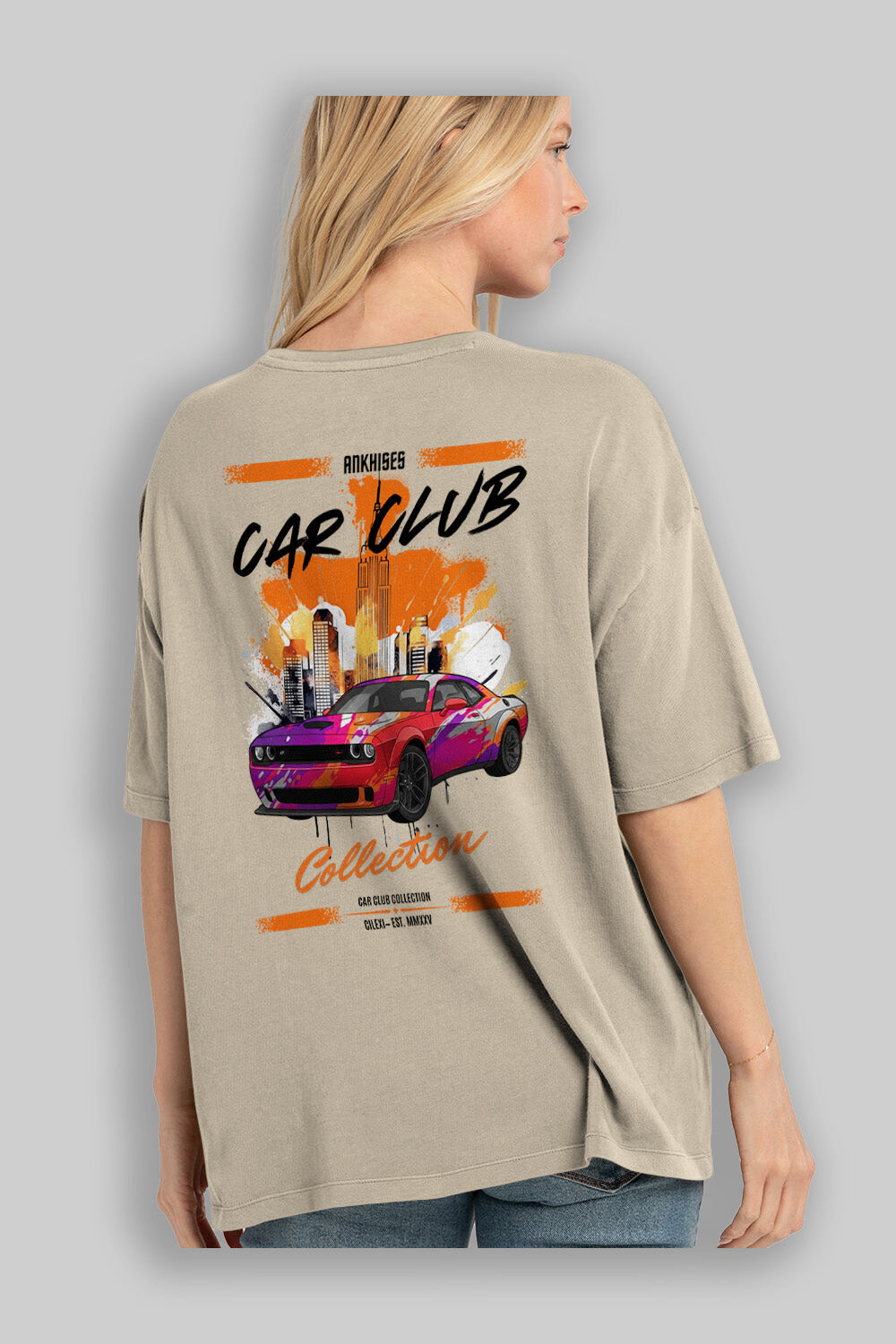Araba Club Serisi 19 Baskılı Oversize t-shirt Erkek Kadın %100 Pamuk Bisiklet Yaka tişort