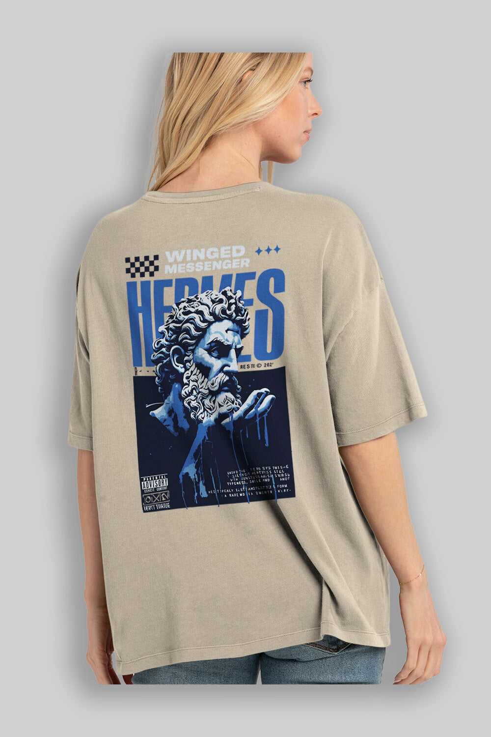Hermes 2 Arka Baskılı Oversize t-shirt Erkek Kadın %100 Pamuk Bisiklet Yaka tişort