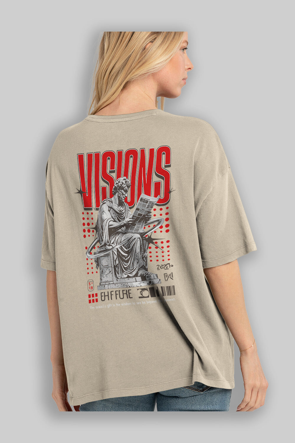 Visions Arka Baskılı Oversize t-shirt Erkek Kadın %100 Pamuk Bisiklet Yaka tişort
