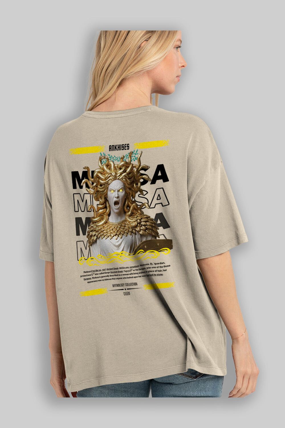 Medusa 1 Arka Baskılı Oversize t-shirt Erkek Kadın %100 Pamuk Bisiklet Yaka tişort