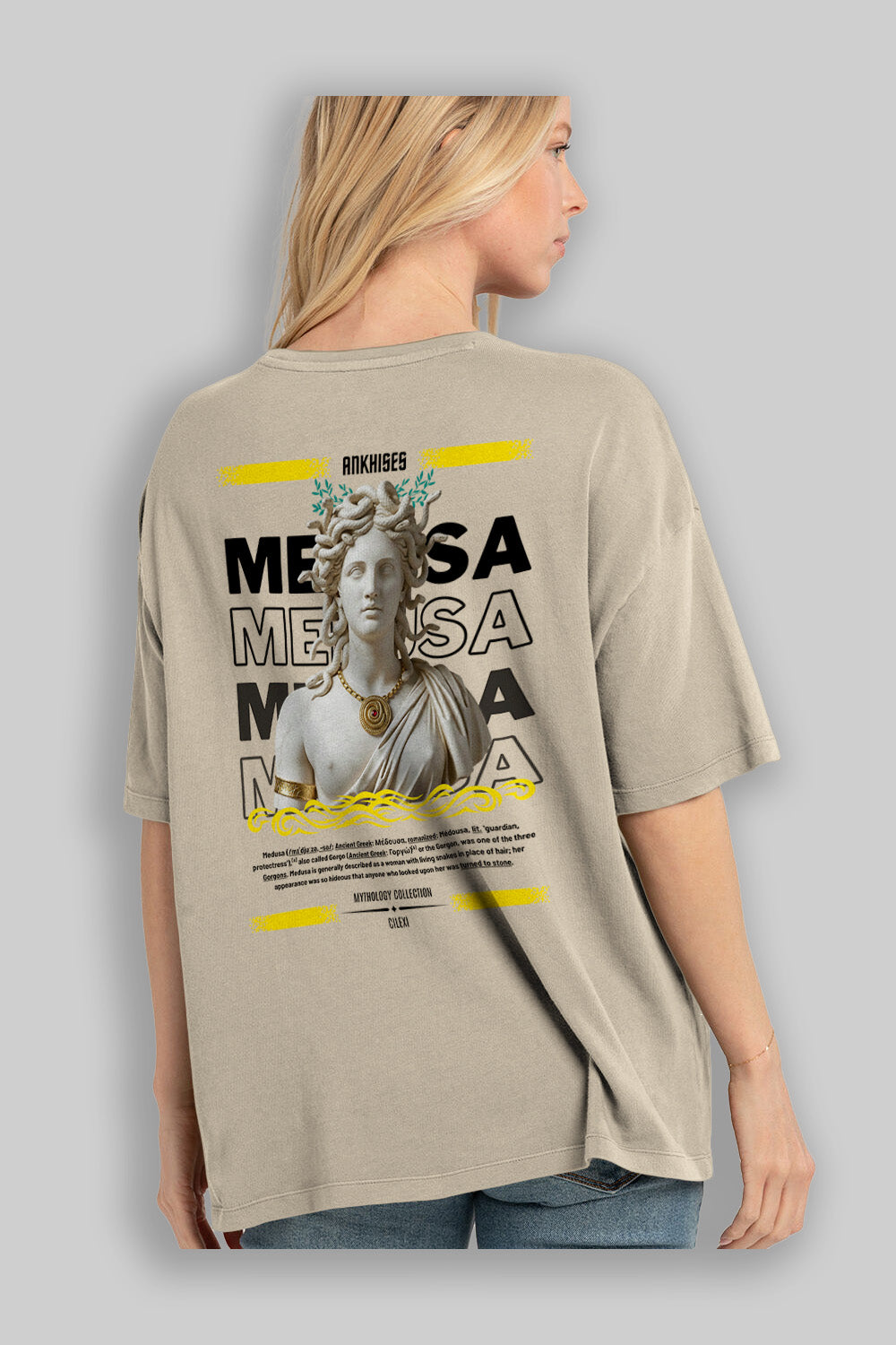 Medusa 3 Arka Baskılı Oversize t-shirt Erkek Kadın %100 Pamuk Bisiklet Yaka tişort