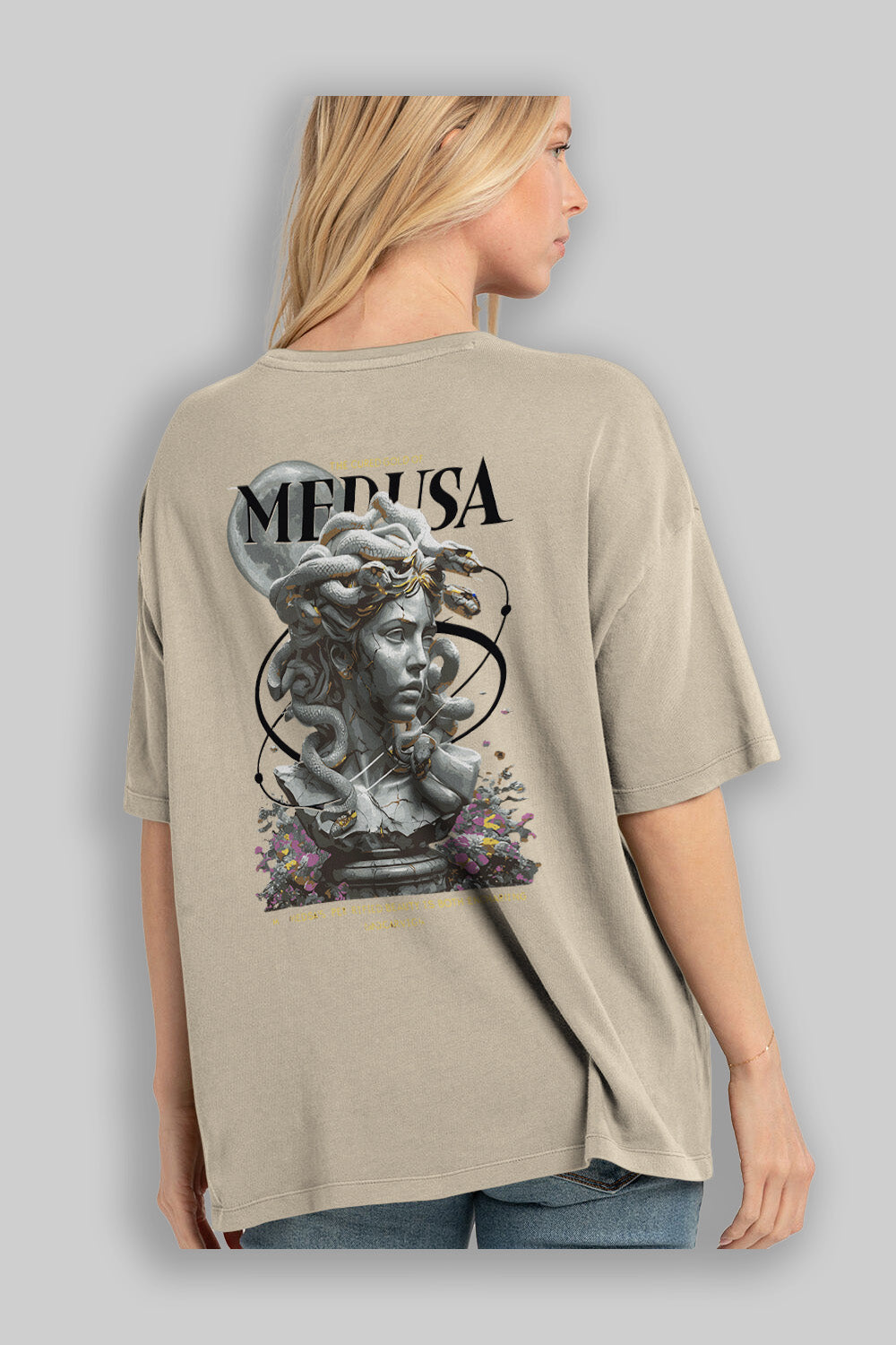 Medusa Arka Baskılı Oversize t-shirt Erkek Kadın %100 Pamuk Bisiklet Yaka tişort
