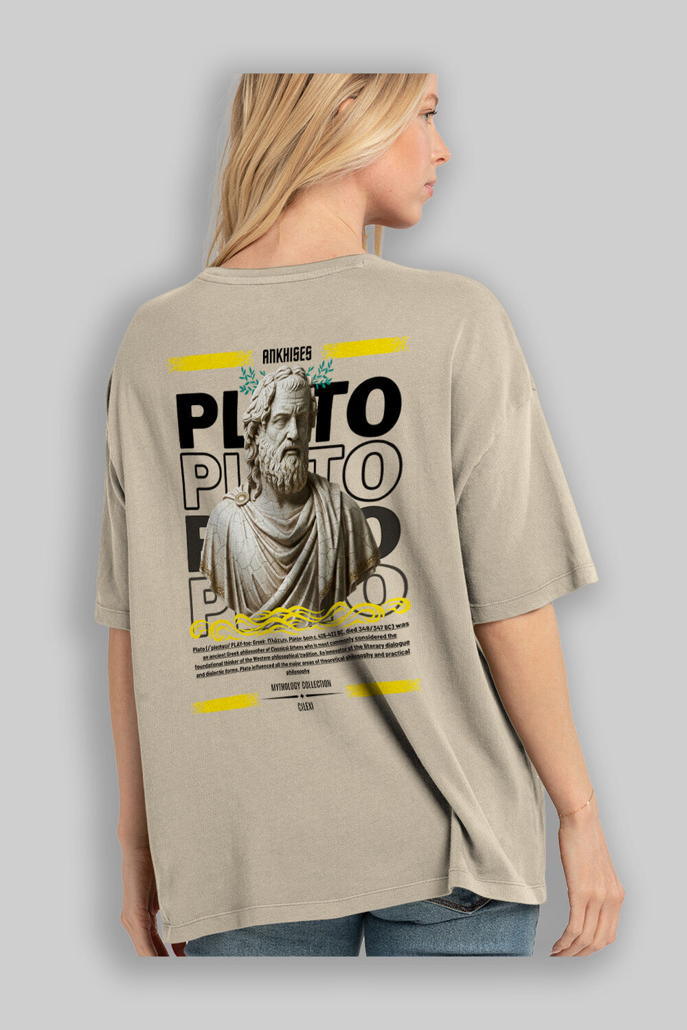 Plato 2 Arka Baskılı Oversize t-shirt Erkek Kadın %100 Pamuk Bisiklet Yaka tişort