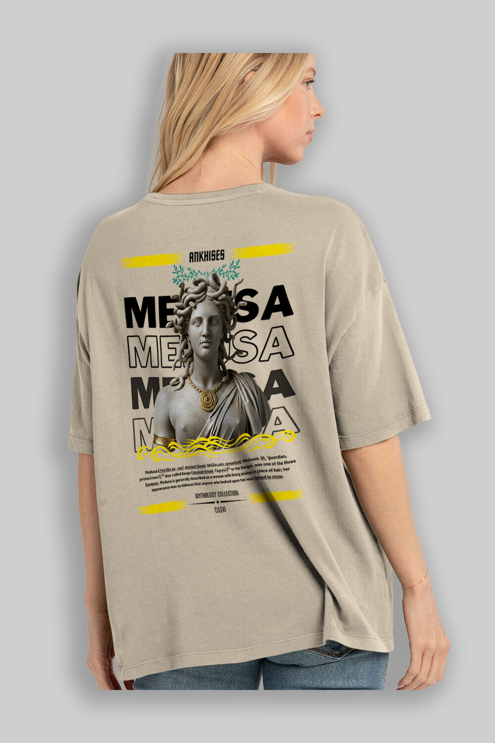 Medusa 4 Arka Baskılı Oversize t-shirt Erkek Kadın %100 Pamuk Bisiklet Yaka tişort