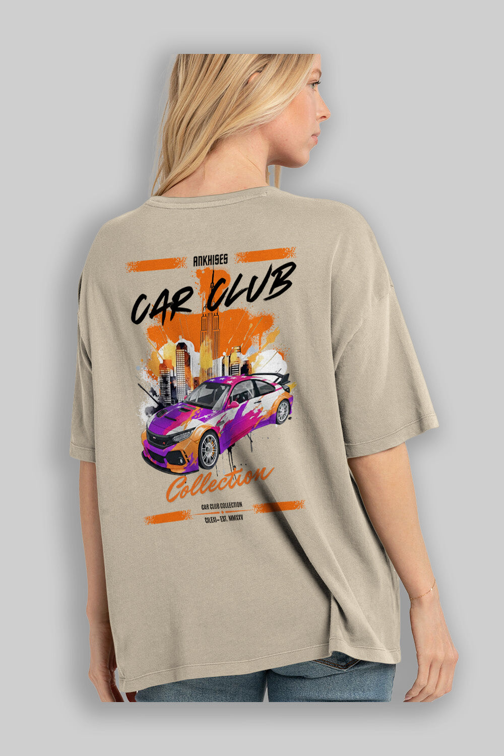 Araba Club Serisi 9 Baskılı Oversize t-shirt Erkek Kadın %100 Pamuk Bisiklet Yaka tişort