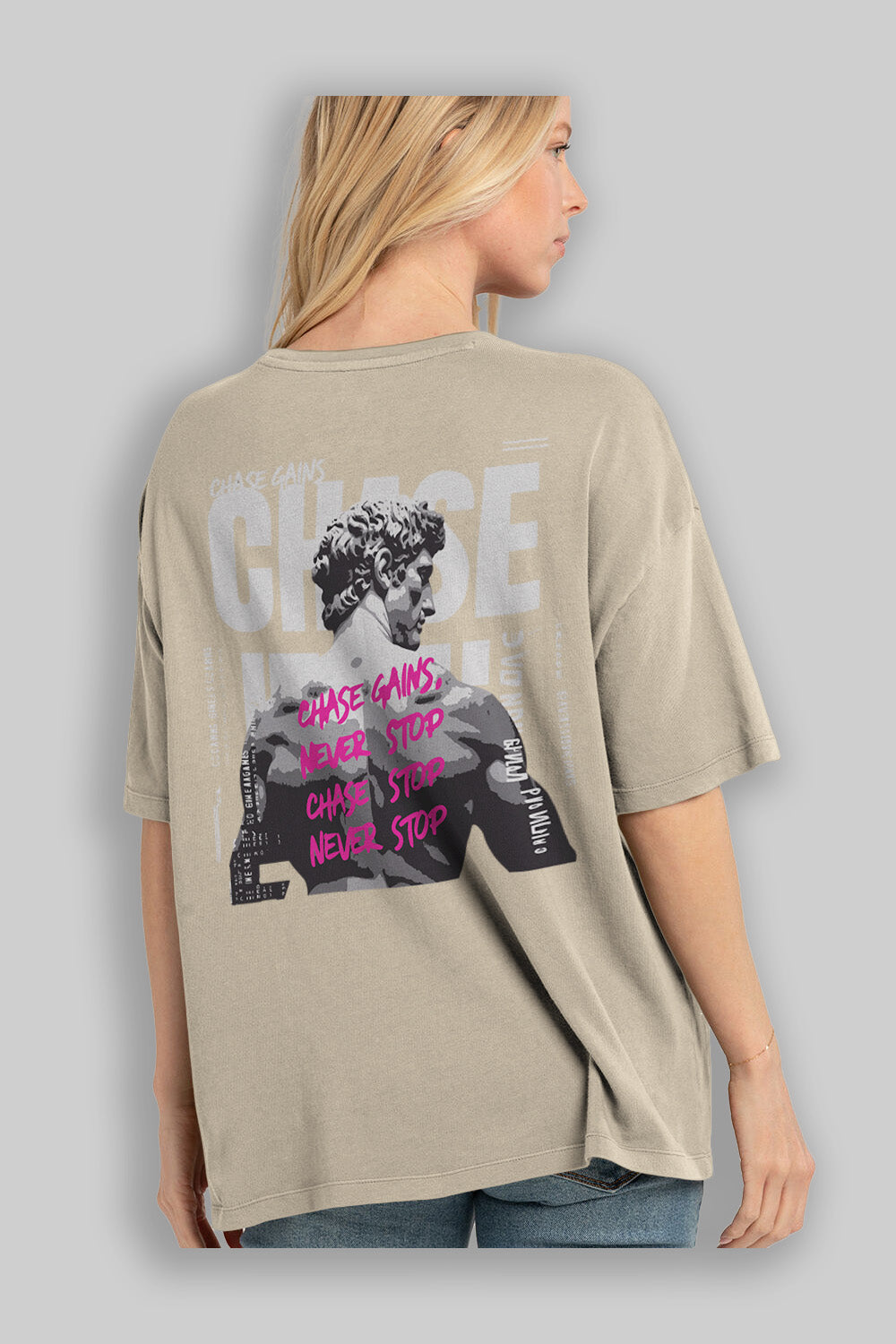 Chase Gains Arka Baskılı Oversize t-shirt Erkek Kadın %100 Pamuk Bisiklet Yaka tişort