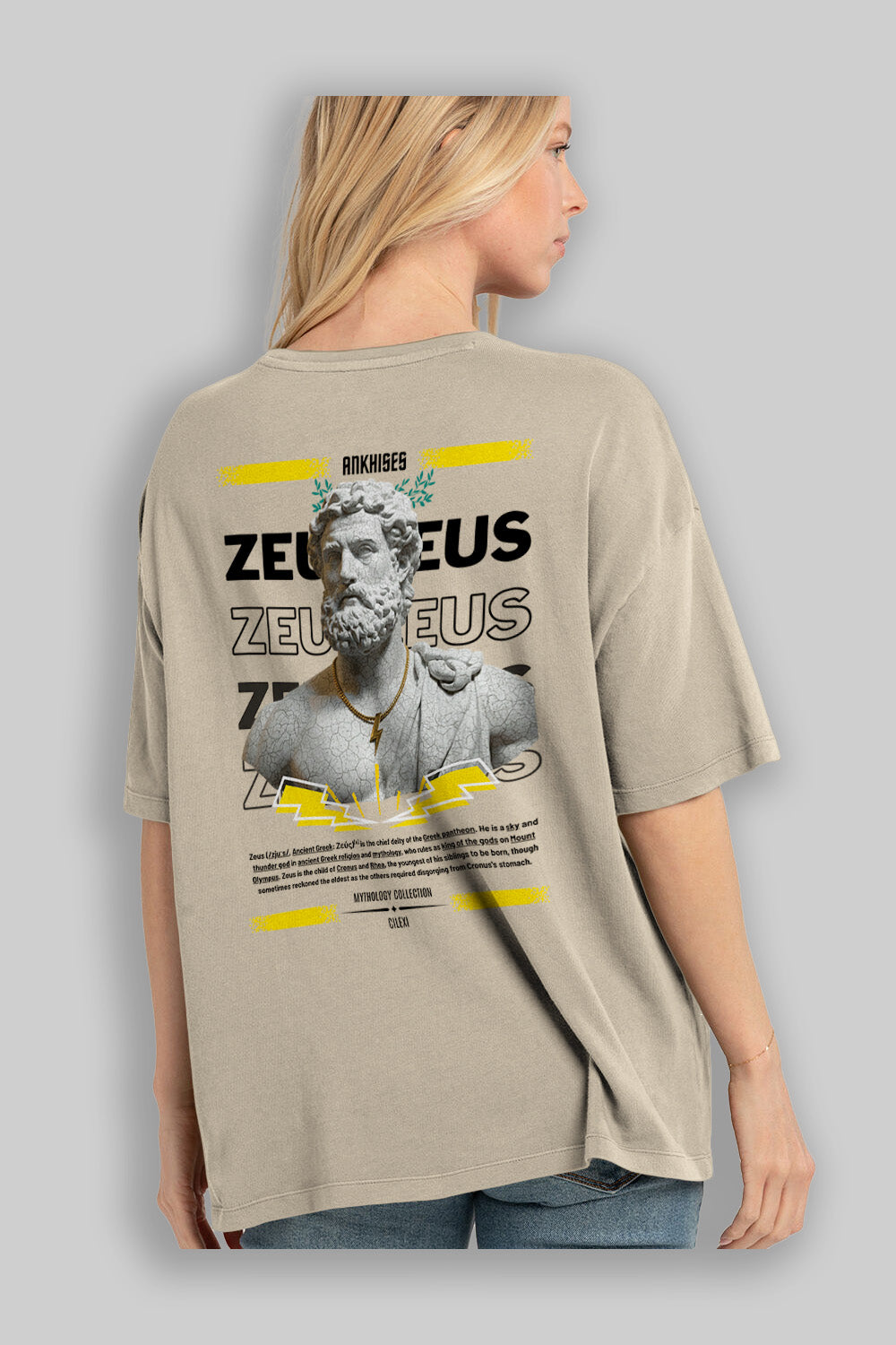 Zeus 3 Arka Baskılı Oversize t-shirt Erkek Kadın %100 Pamuk Bisiklet Yaka tişort