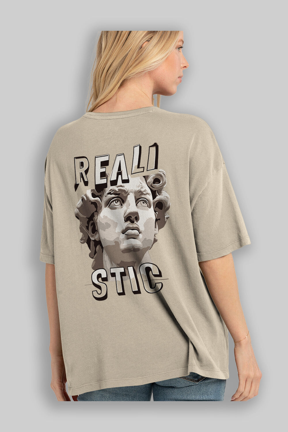 Realistic Arka Baskılı Oversize t-shirt Erkek Kadın %100 Pamuk Bisiklet Yaka tişort