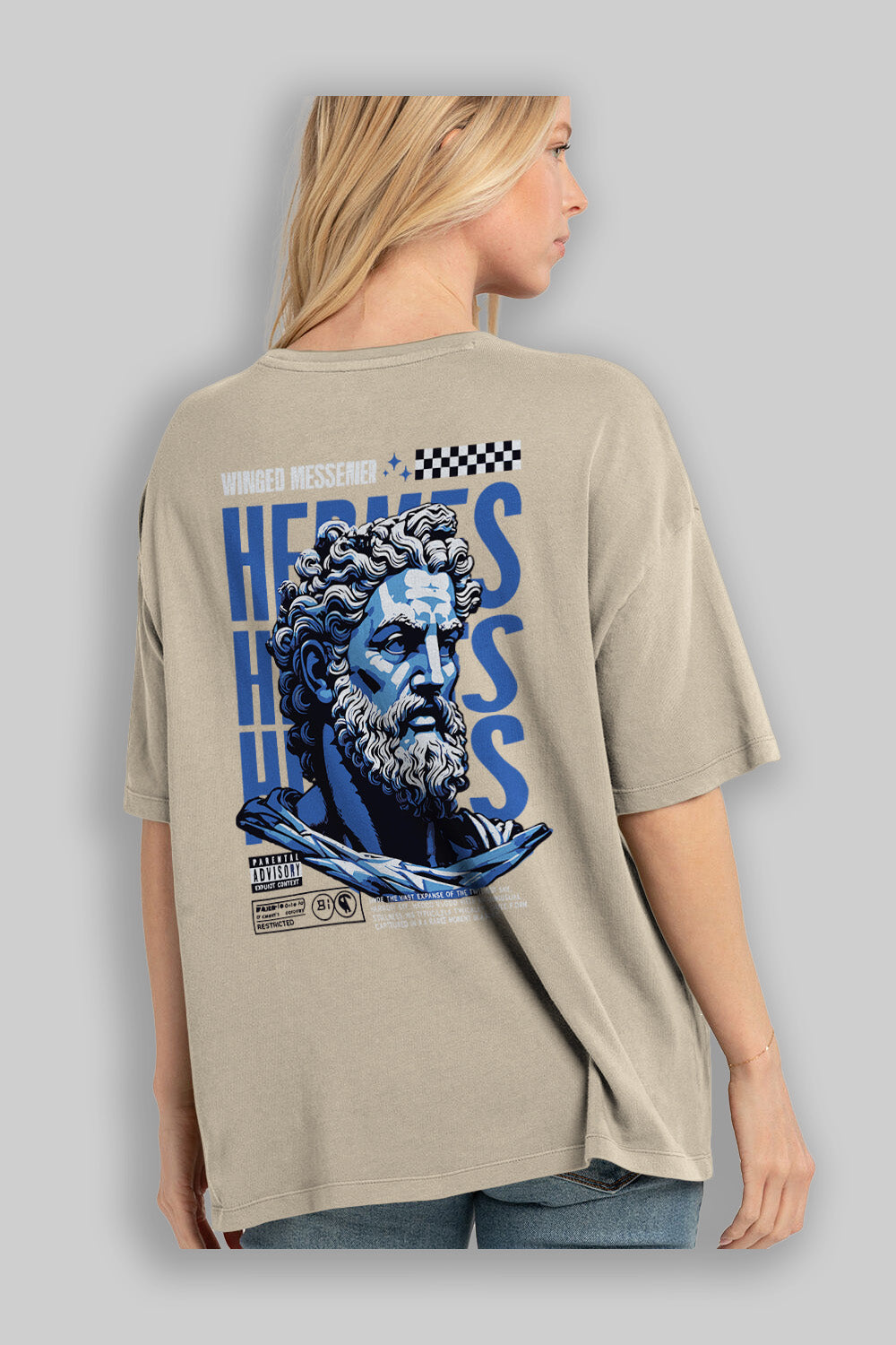 Hermes 1 Arka Baskılı Oversize t-shirt Erkek Kadın %100 Pamuk Bisiklet Yaka tişort