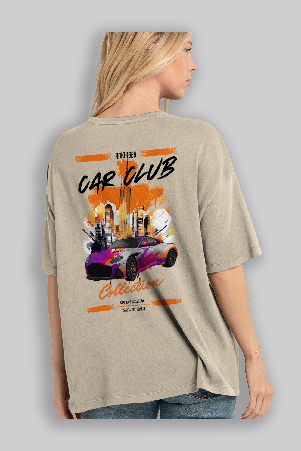 Araba Club Serisi 11 Baskılı Oversize t-shirt Erkek Kadın %100 Pamuk Bisiklet Yaka tişort