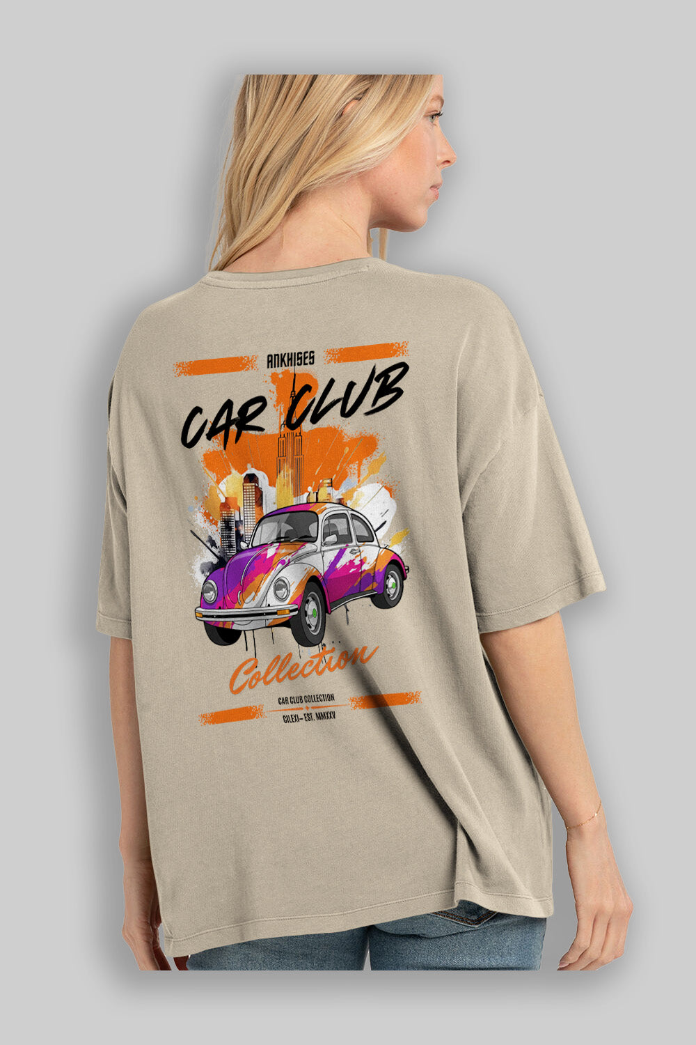 Araba Club Serisi 41 Baskılı Oversize t-shirt Erkek Kadın %100 Pamuk Bisiklet Yaka tişort