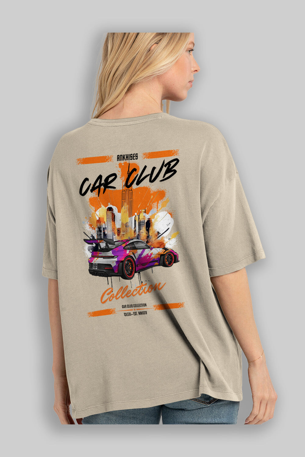 Araba Club Serisi 34 Baskılı Oversize t-shirt Erkek Kadın %100 Pamuk Bisiklet Yaka tişort