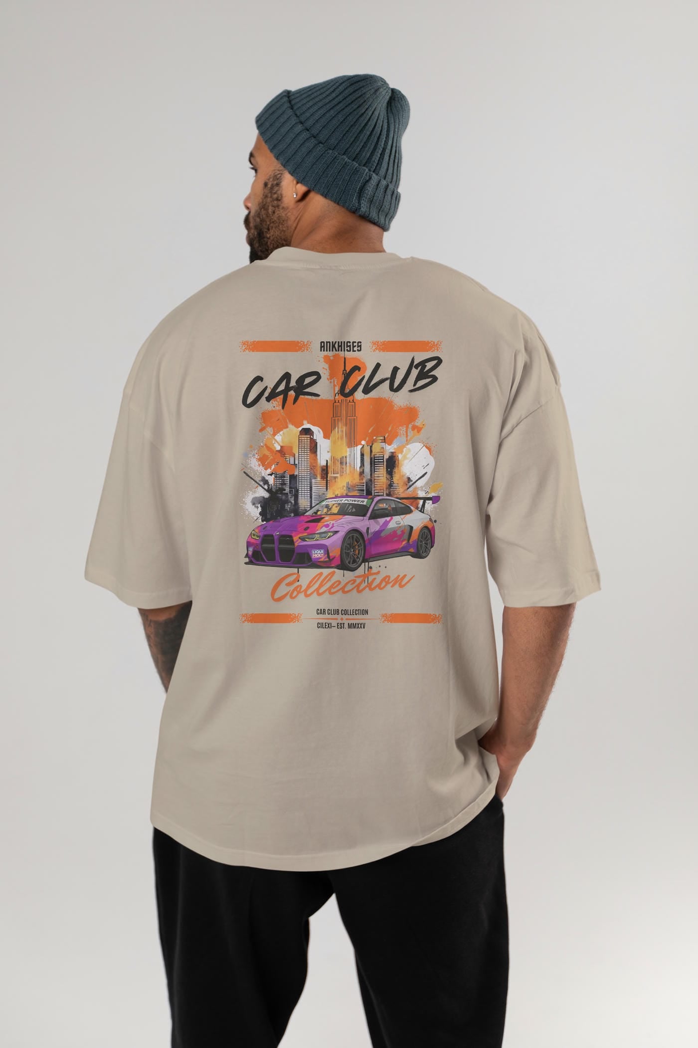 Araba Club Serisi 4 Baskılı Oversize t-shirt Erkek Kadın %100 Pamuk Bisiklet Yaka tişort