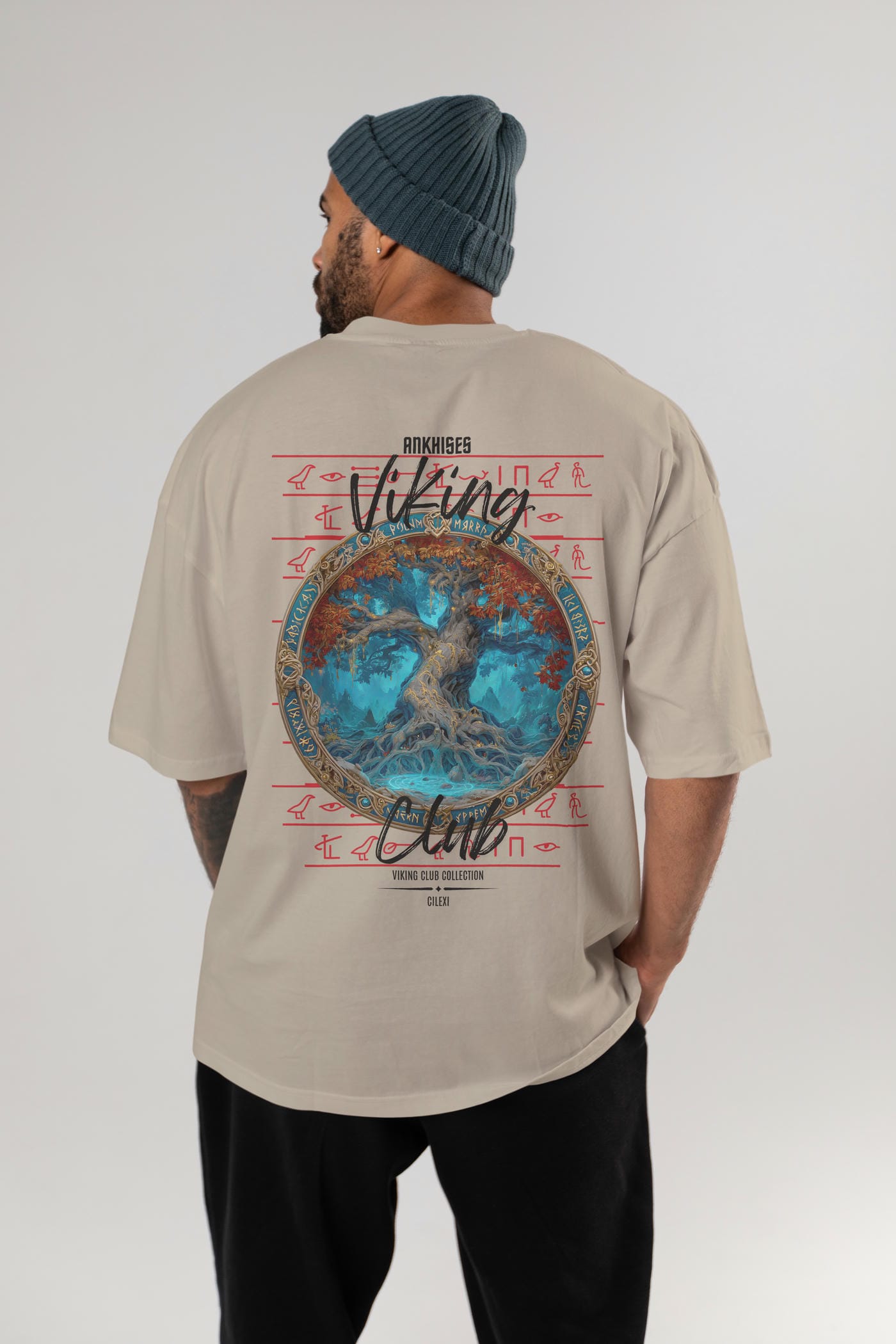 Yggdrasil Arka Baskılı Oversize t-shirt Erkek Kadın %100 Pamuk Bisiklet Yaka tişort