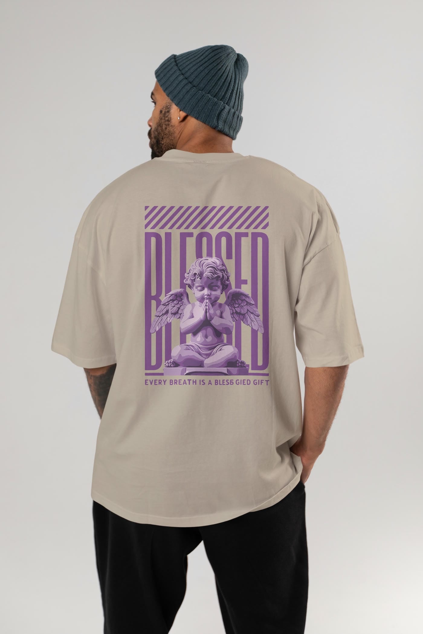 Blessed Arka Baskılı Oversize t-shirt Erkek Kadın %100 Pamuk Bisiklet Yaka tişort