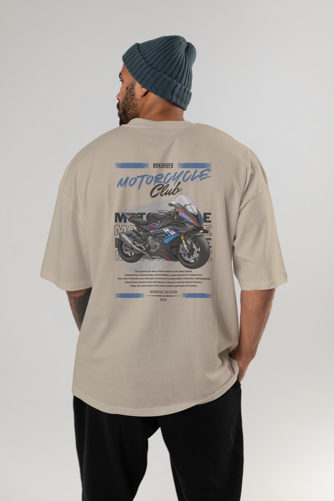 Motosiklet Serisi 1 Arka Baskılı Oversize t-shirt Erkek Kadın %100 Pamuk Bisiklet Yaka tişort