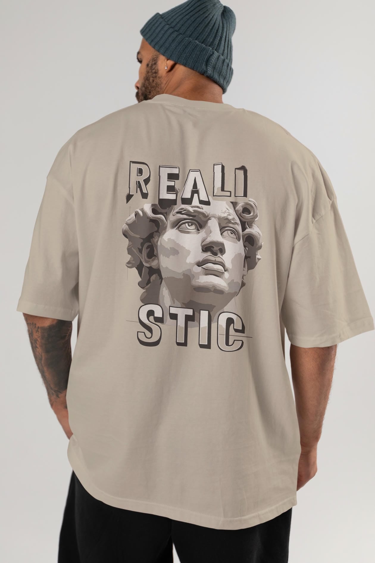 Realistic Arka Baskılı Oversize t-shirt Erkek Kadın %100 Pamuk Bisiklet Yaka tişort