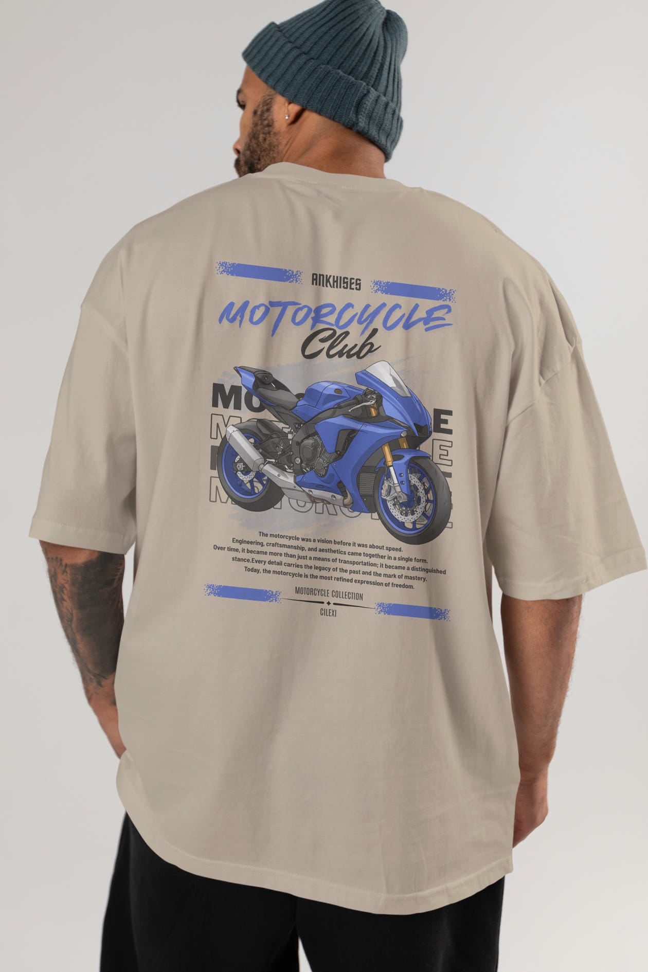 Motosiklet Serisi 31 Arka Baskılı Oversize t-shirt Erkek Kadın %100 Pamuk Bisiklet Yaka tişort