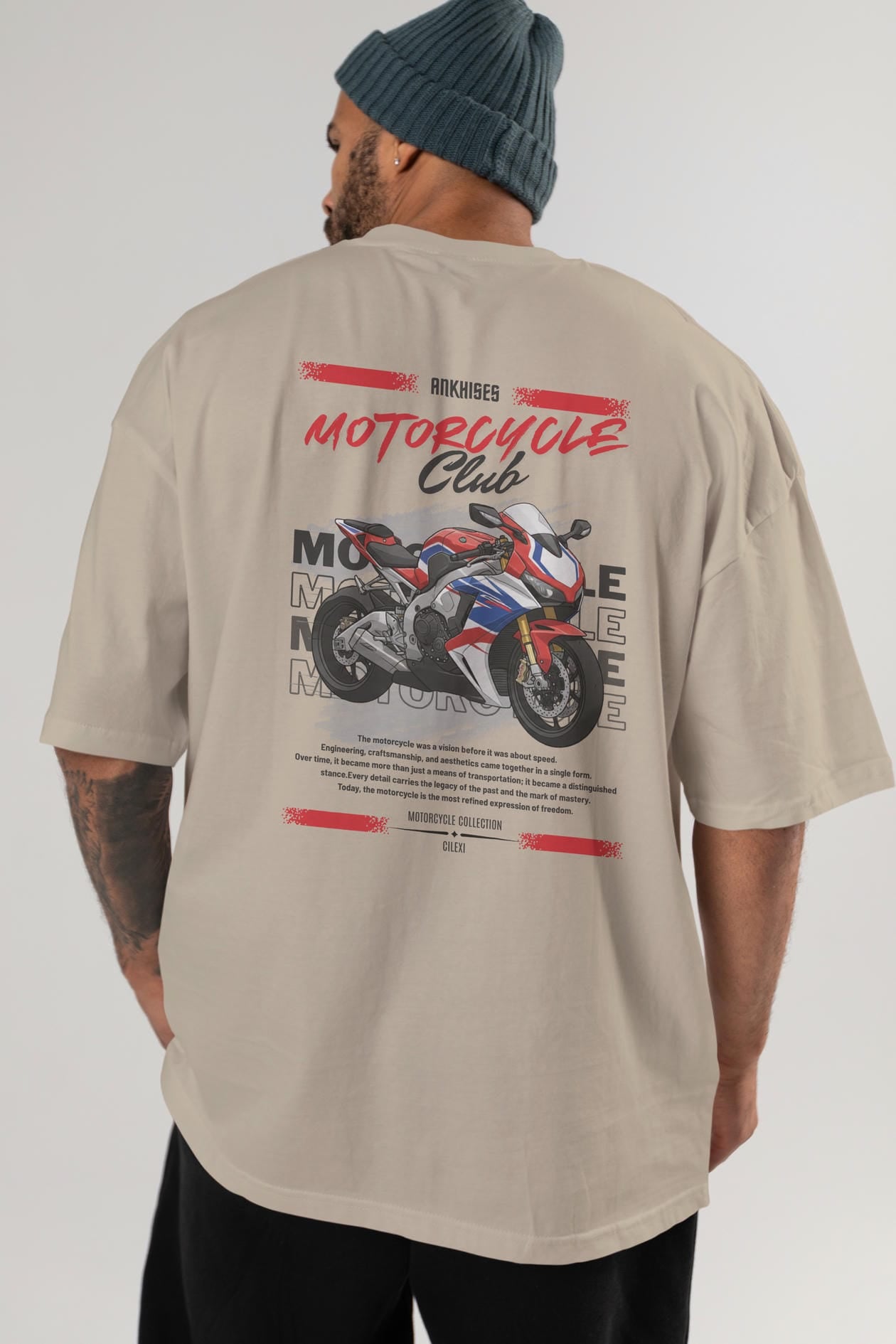 Motosiklet Serisi 4 Arka Baskılı Oversize t-shirt Erkek Kadın %100 Pamuk Bisiklet Yaka tişort