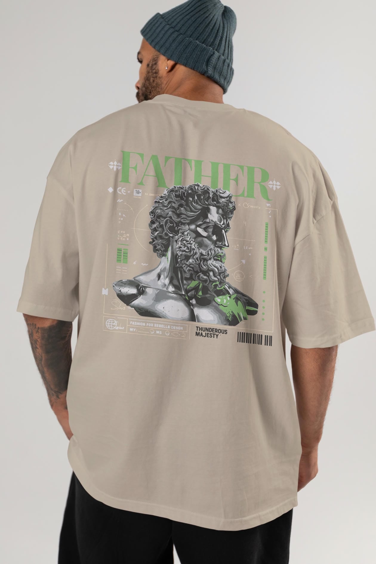 Father Zeus Arka Baskılı Oversize t-shirt Erkek Kadın %100 Pamuk Bisiklet Yaka tişort