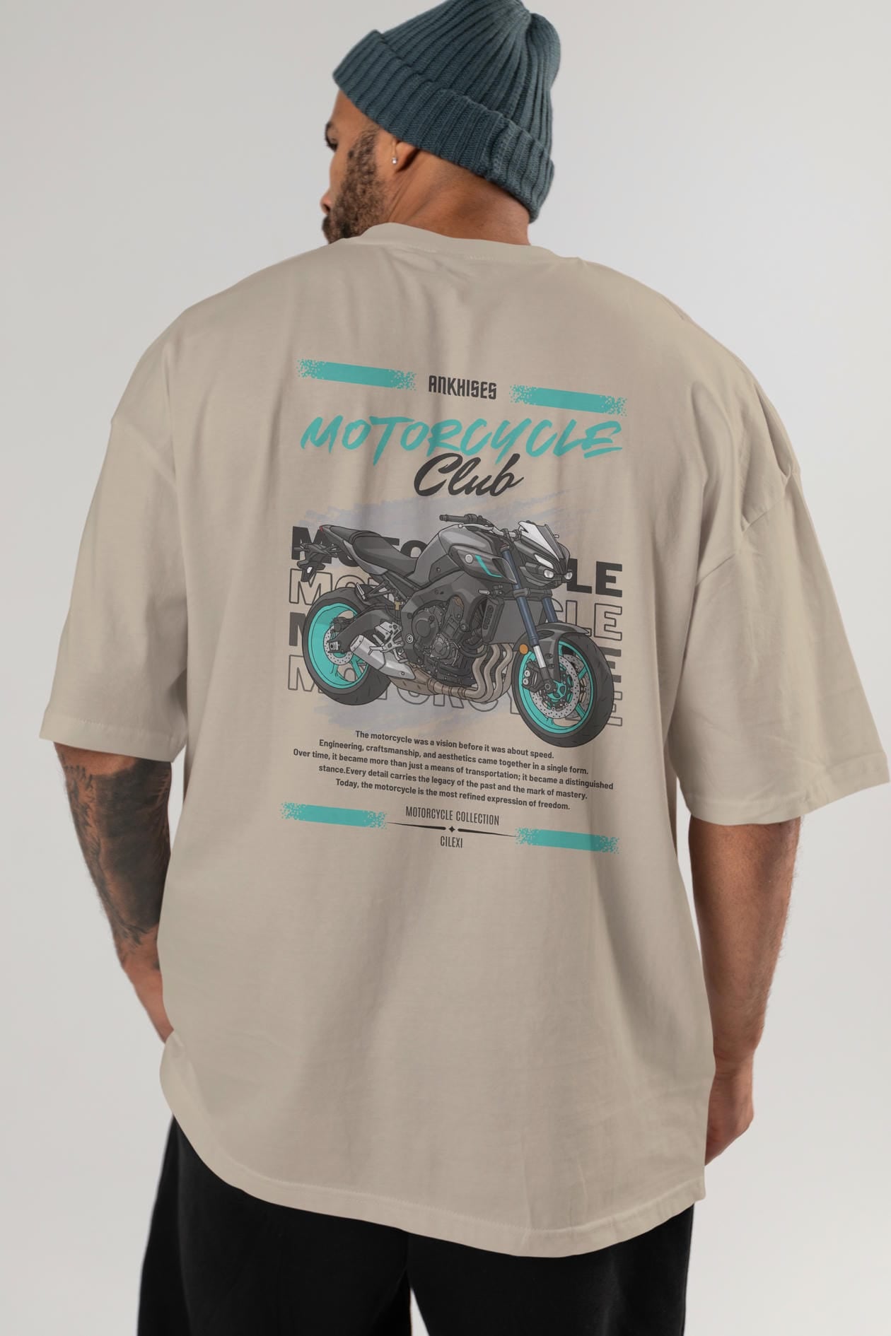 Motosiklet Serisi 21 Arka Baskılı Oversize t-shirt Erkek Kadın %100 Pamuk Bisiklet Yaka tişort