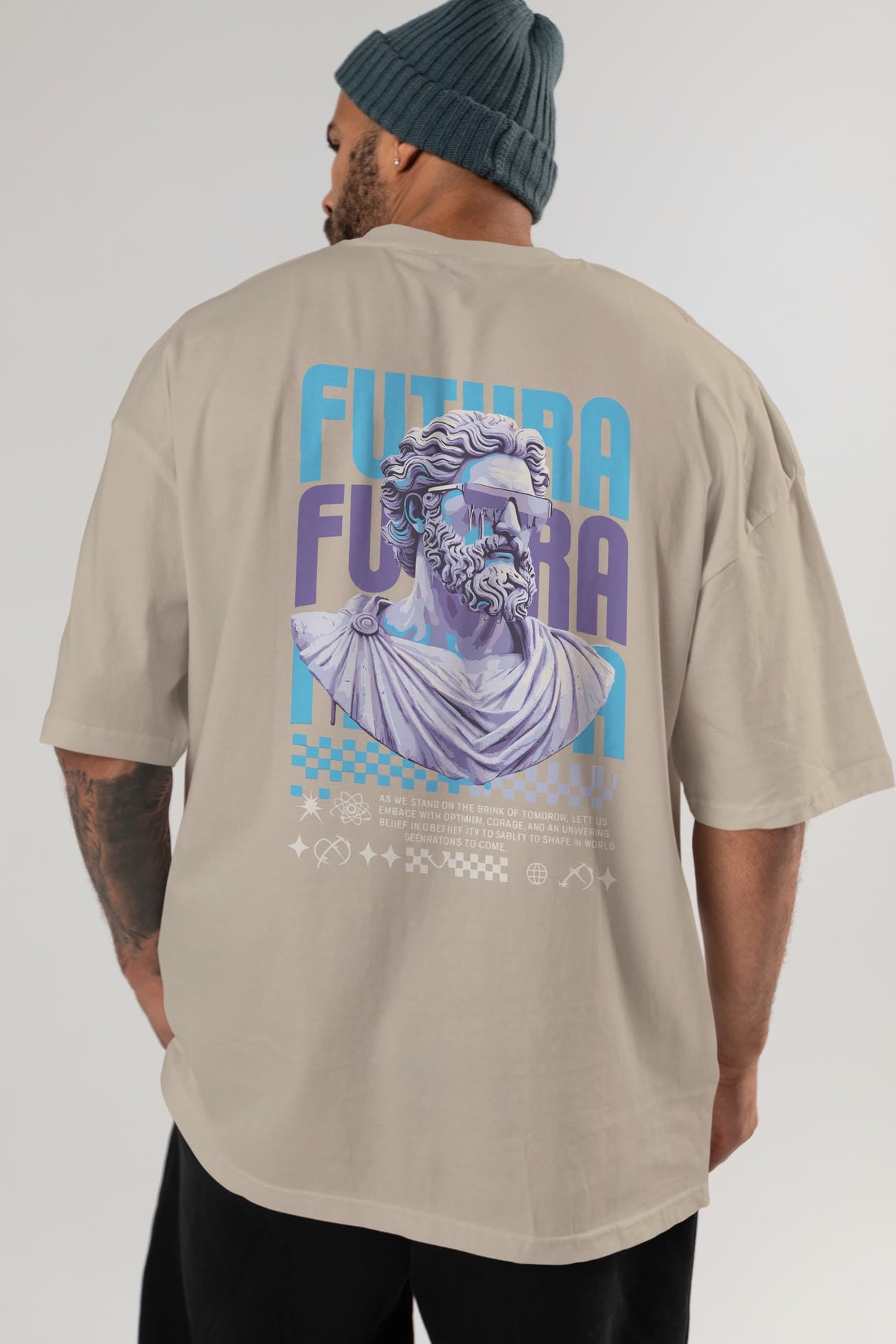Futura Zeus Arka Baskılı Oversize t-shirt Erkek Kadın %100 Pamuk Bisiklet Yaka tişort