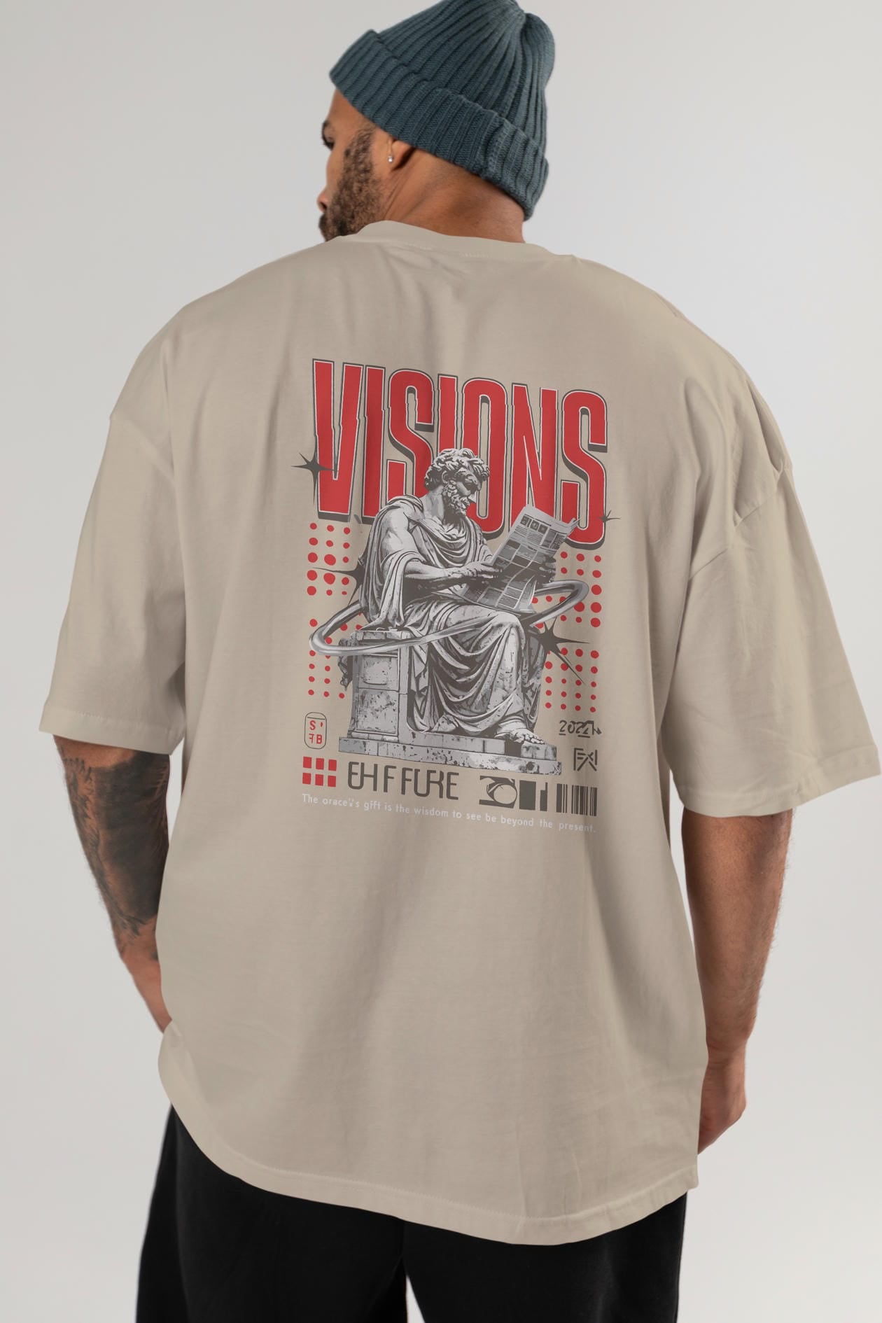 Visions Arka Baskılı Oversize t-shirt Erkek Kadın %100 Pamuk Bisiklet Yaka tişort