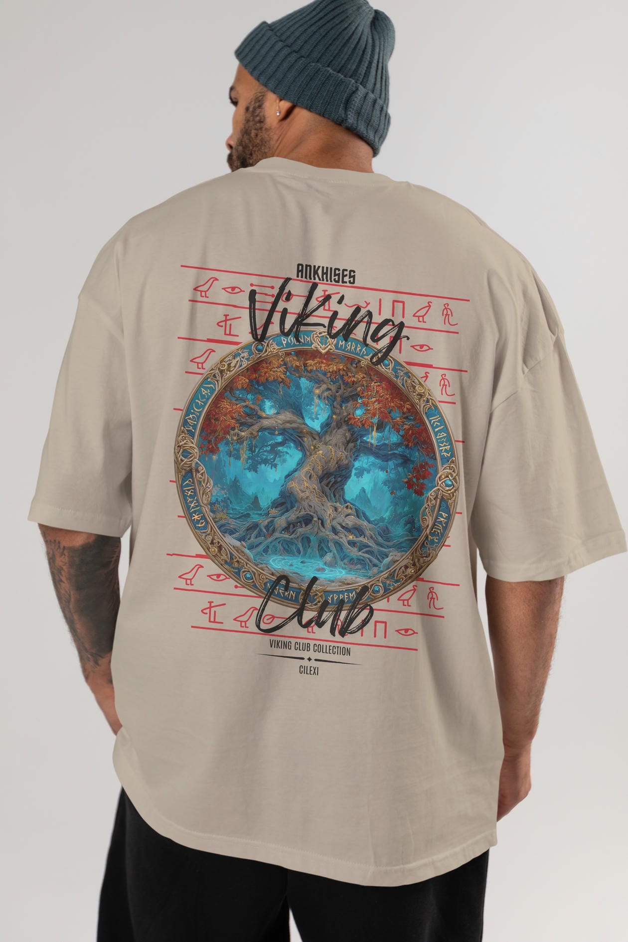Yggdrasil Arka Baskılı Oversize t-shirt Erkek Kadın %100 Pamuk Bisiklet Yaka tişort
